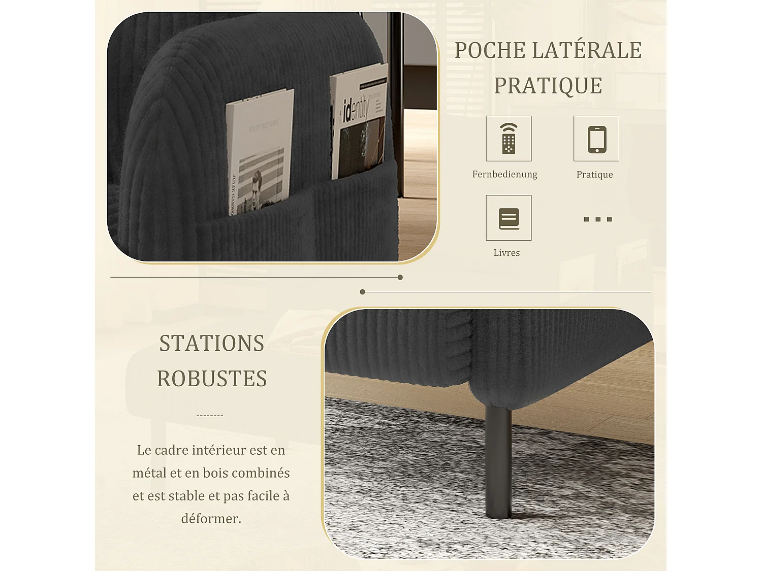 Fauteuil velours côtelé gris - avec Poches Latérales - Style Carré et Design Naturel pour Salon ou Balcon