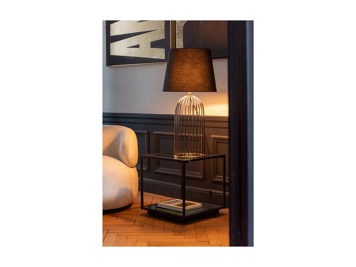 Table basse moderne en métal noir et verre transparent design