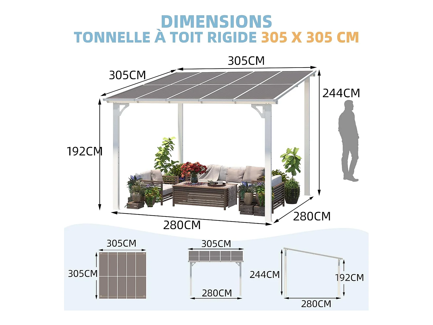 YODOLLA Pergola Murale en Aluminium et Polycarbonate - Résistante aux intempéries - 3 x 3m - Blanche