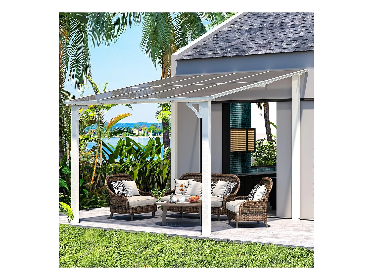 YODOLLA Pergola Murale en Aluminium et Polycarbonate - Résistante aux intempéries - 2.4 x 2.4m - Blanche