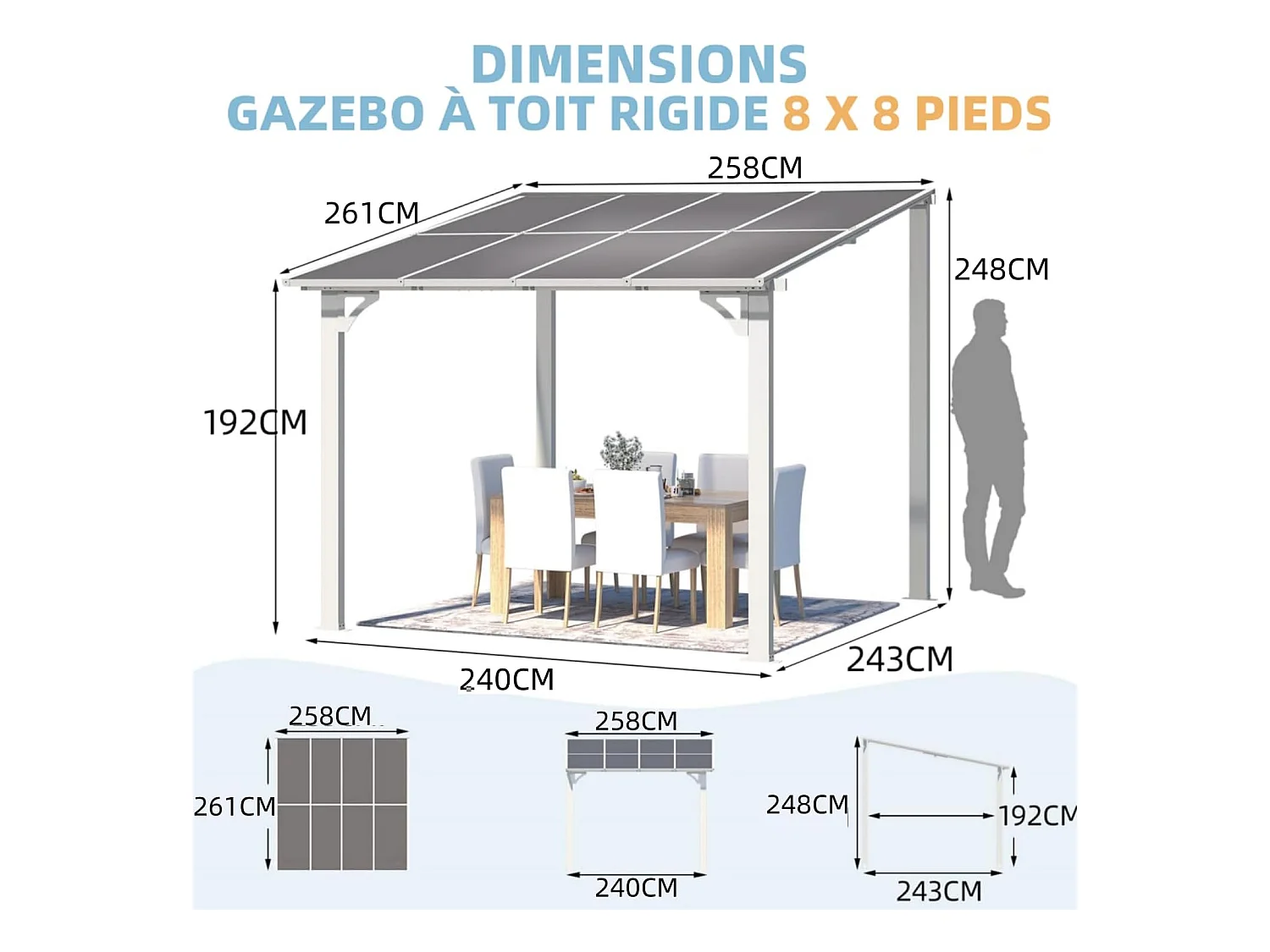 YODOLLA Pergola Murale en Aluminium et Polycarbonate - Résistante aux intempéries - 2.4 x 2.4m - Blanche