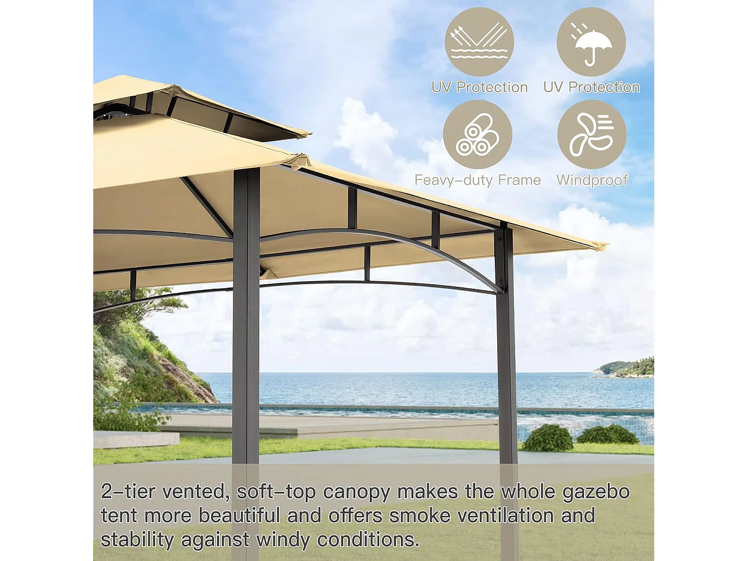 YODOLLA Metall-Grillpavillon für Außengarten - 2,4 x 1,5 m - Beige