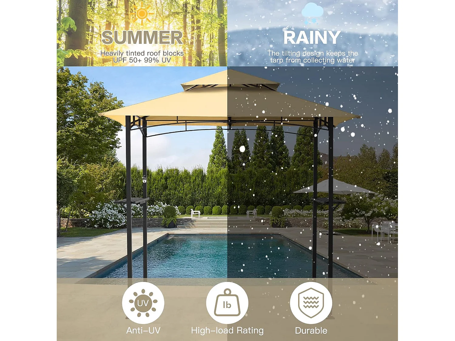 YODOLLA Metall-Grillpavillon für Außengarten - 2,4 x 1,5 m - Beige