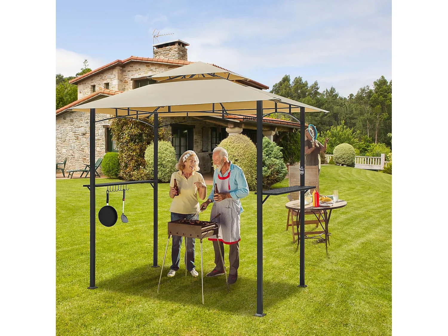 YODOLLA Metall-Grillpavillon für Außengarten - 2,4 x 1,5 m - Beige