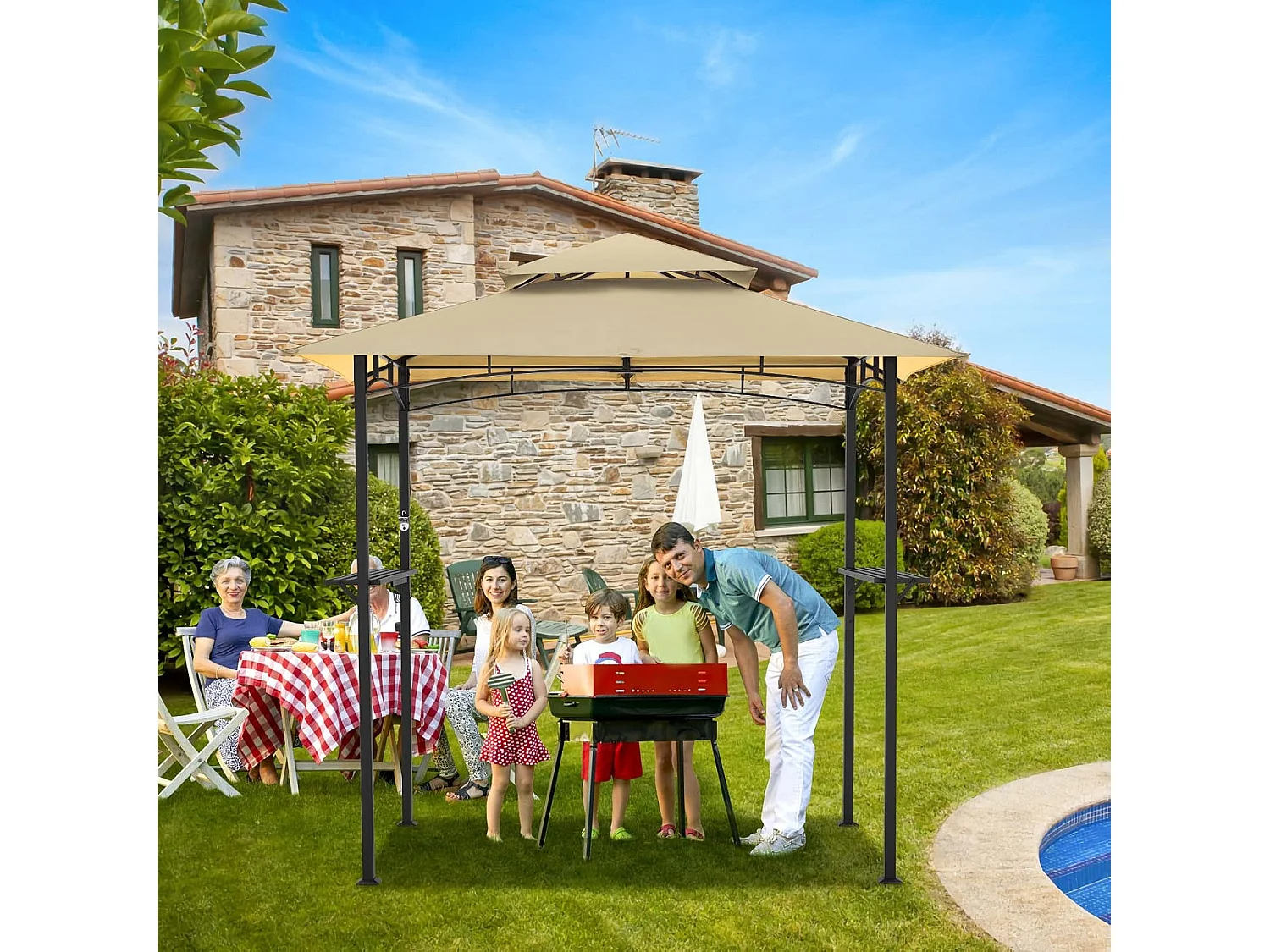 YODOLLA Metall-Grillpavillon für Außengarten - 2,4 x 1,5 m - Beige