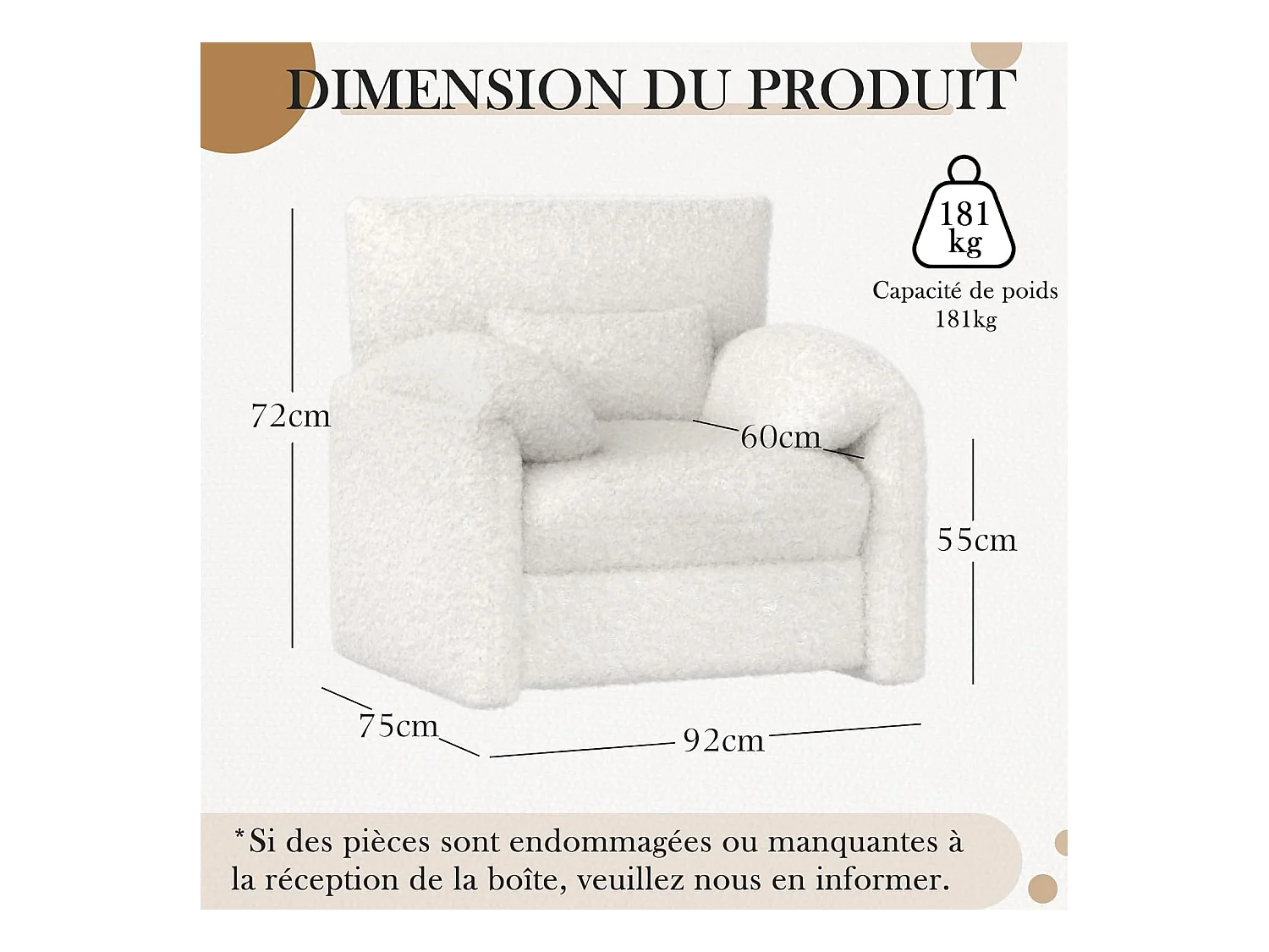 YODOLLA Fauteuil Grand Format Confortable - Fauteuil Salon en Chenille - Blanche - 92 x 75 x 72 cm