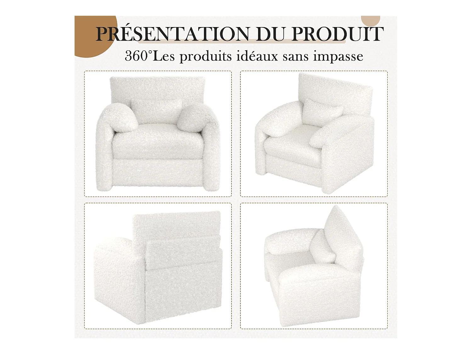 YODOLLA Fauteuil Grand Format Confortable - Fauteuil Salon en Chenille - Blanche - 92 x 75 x 72 cm
