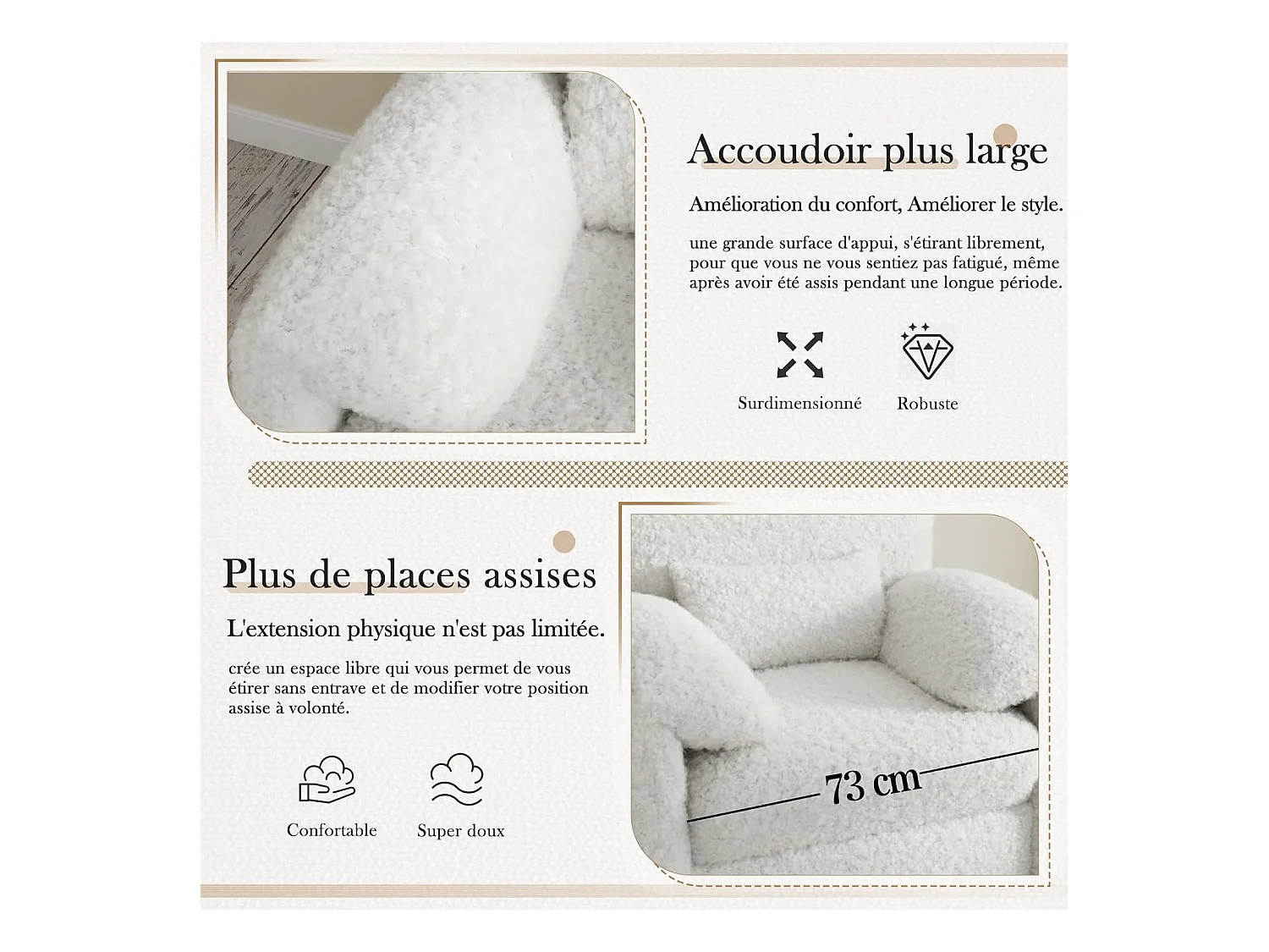 YODOLLA Fauteuil Grand Format Confortable - Fauteuil Salon en Chenille - Blanche - 92 x 75 x 72 cm