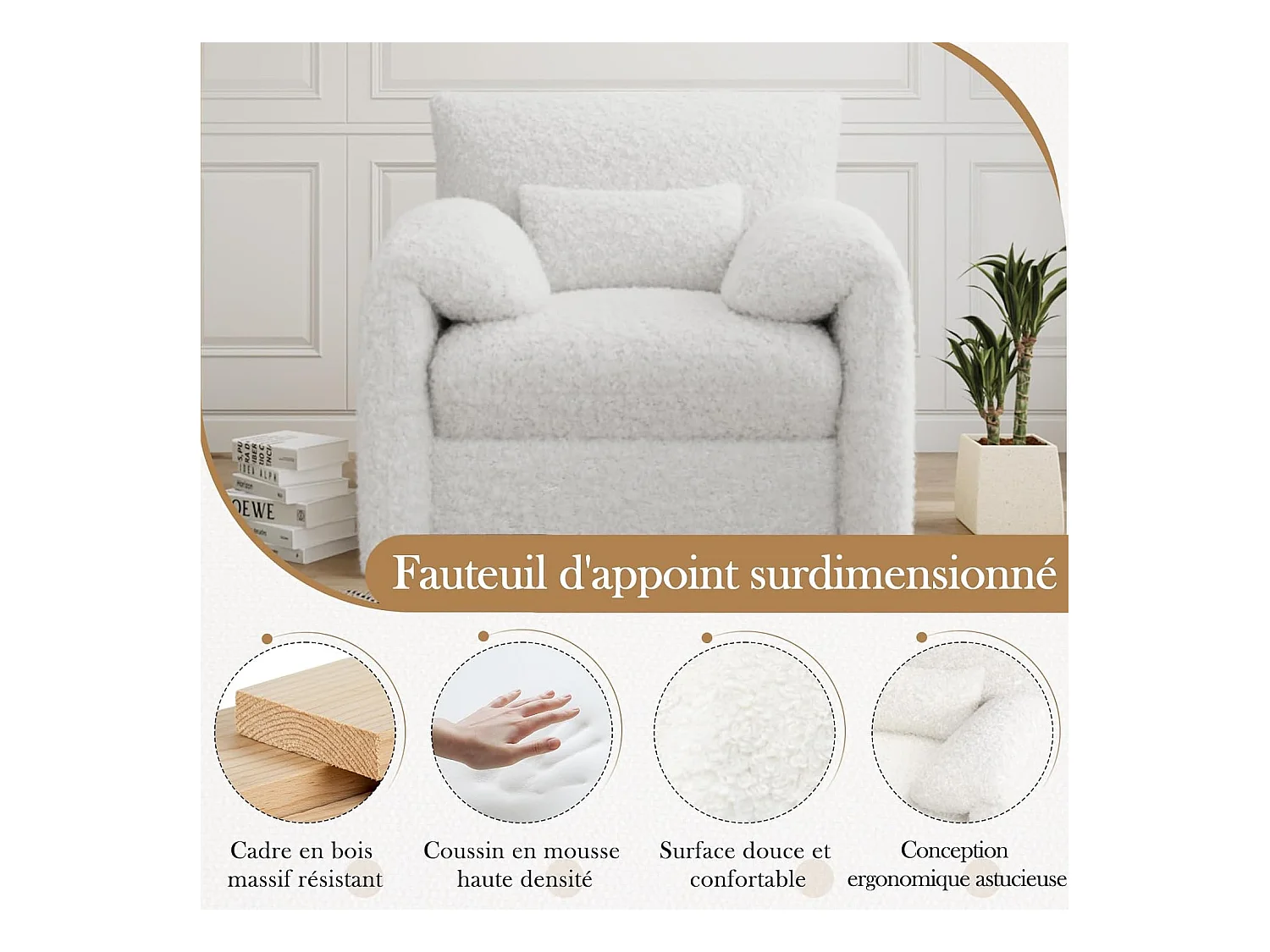 YODOLLA Fauteuil Grand Format Confortable - Fauteuil Salon en Chenille - Blanche - 92 x 75 x 72 cm