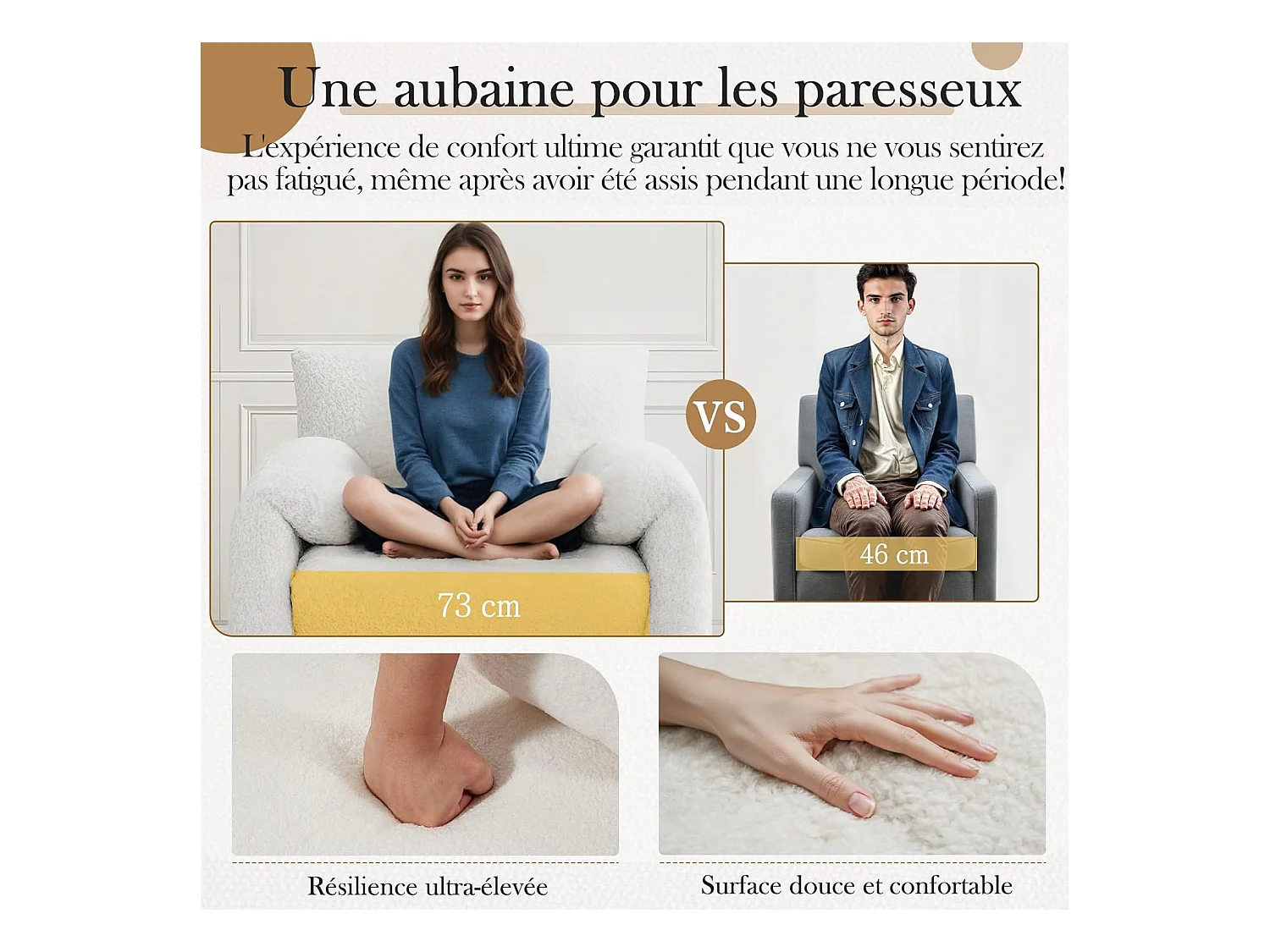 YODOLLA Fauteuil Grand Format Confortable - Fauteuil Salon en Chenille - Blanche - 92 x 75 x 72 cm