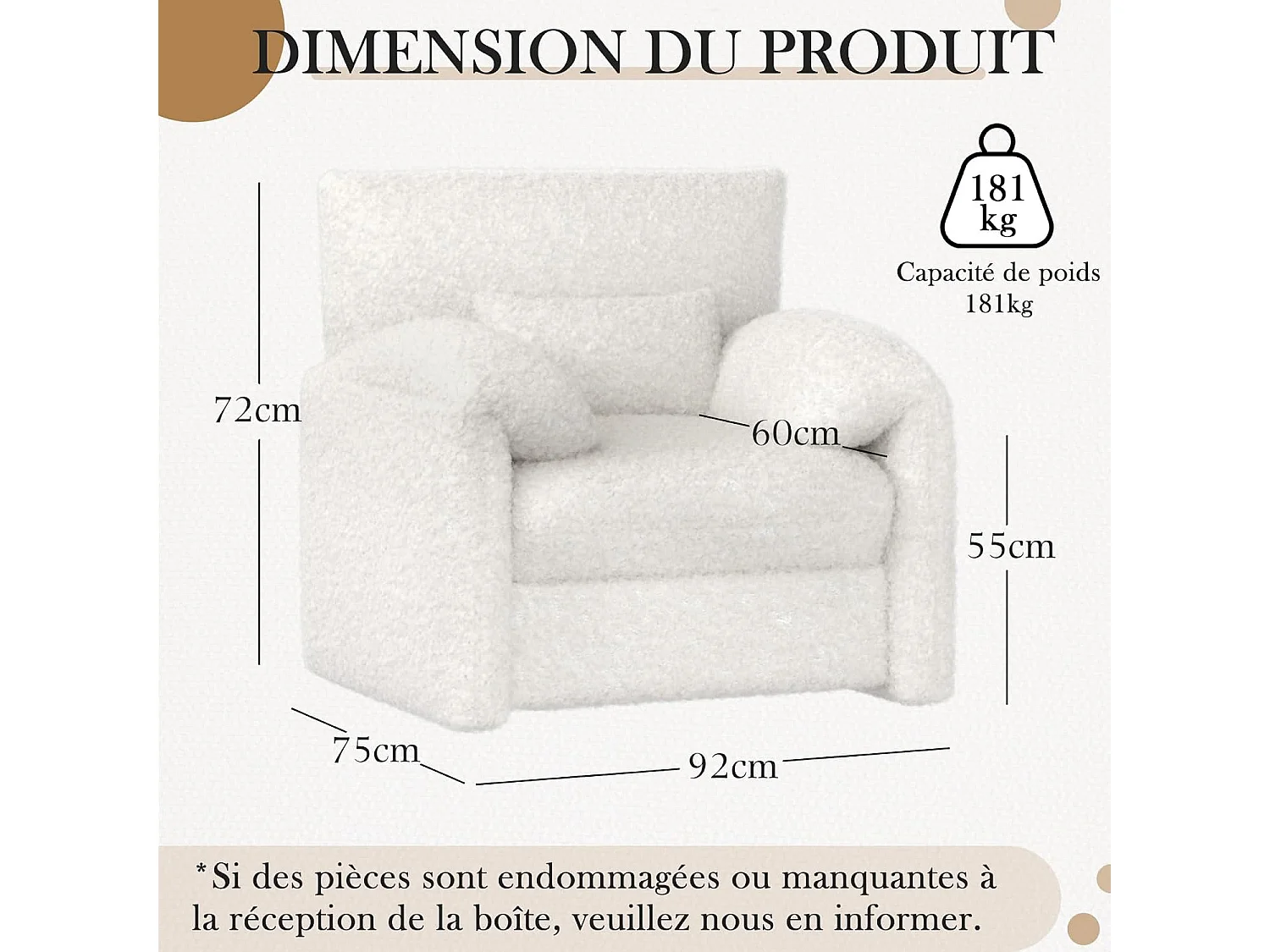 YODOLLA Fauteuil Grand Format Confortable - Fauteuil Salon en Chenille - Blanche - 92 x 75 x 72 cm