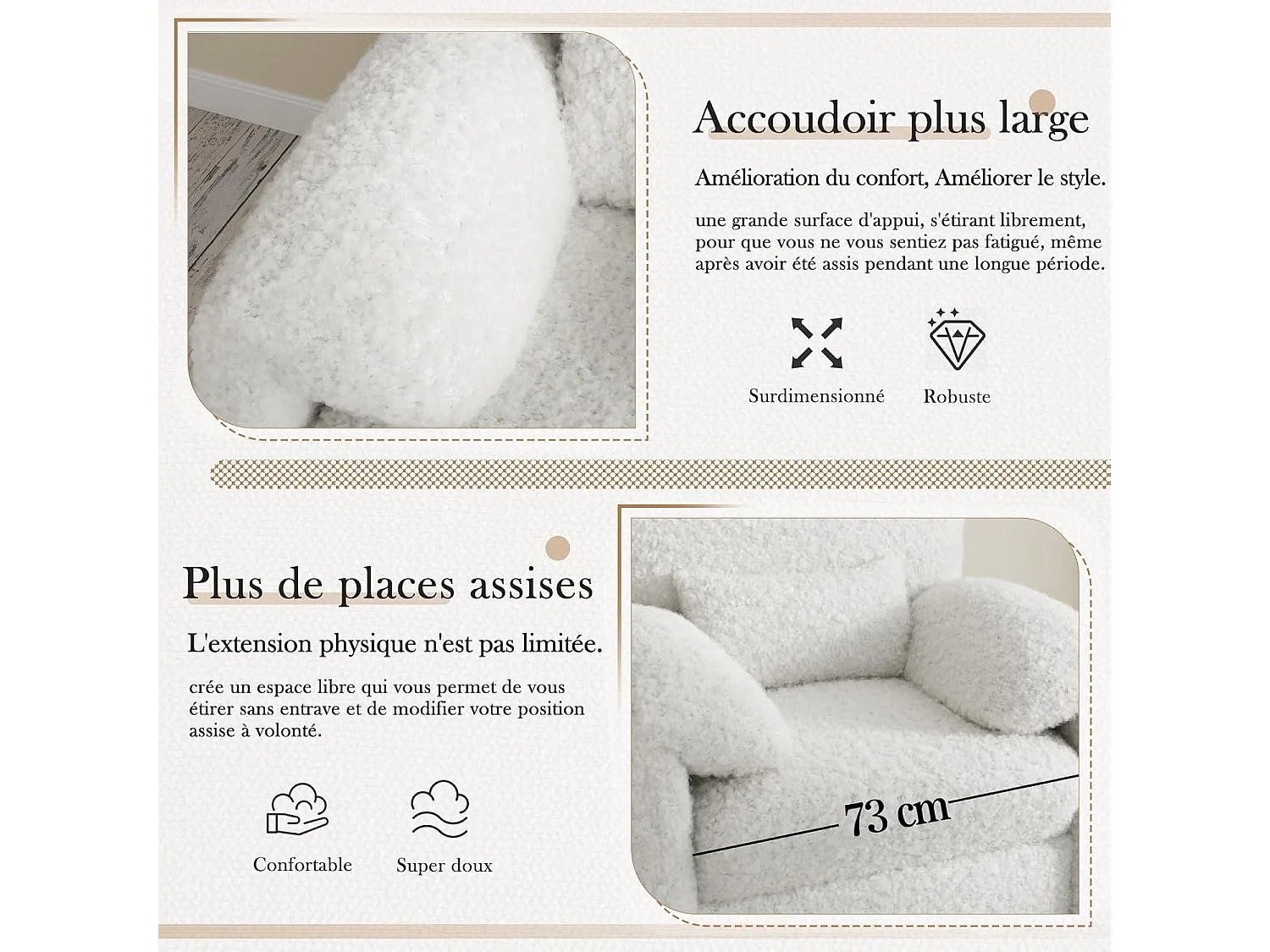YODOLLA Fauteuil Grand Format Confortable - Fauteuil Salon en Chenille - Blanche - 92 x 75 x 72 cm