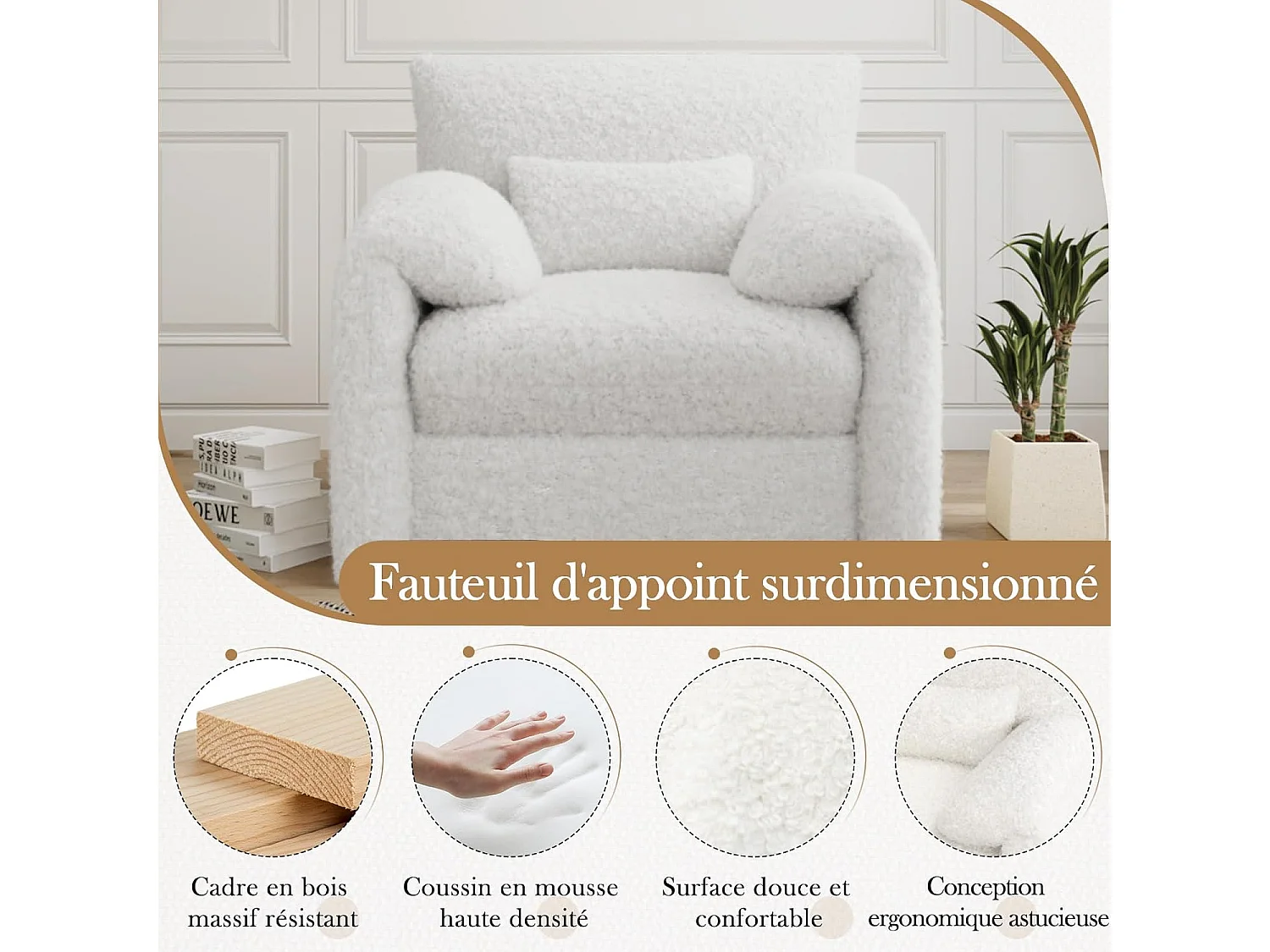 YODOLLA Fauteuil Grand Format Confortable - Fauteuil Salon en Chenille - Blanche - 92 x 75 x 72 cm