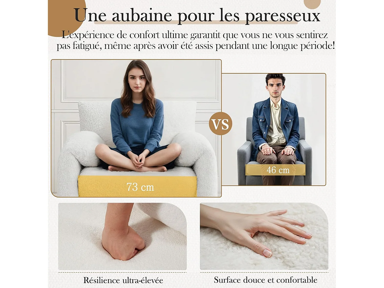 YODOLLA Fauteuil Grand Format Confortable - Fauteuil Salon en Chenille - Blanche - 92 x 75 x 72 cm