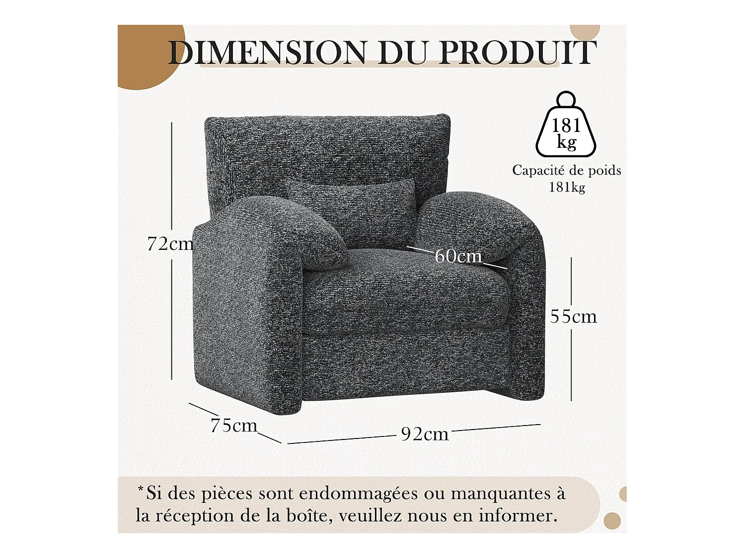 YODOLLA Fauteuil Grand Format Confortable - Fauteuil Salon en Chenille - Noir - 92 x 75 x 72 cm