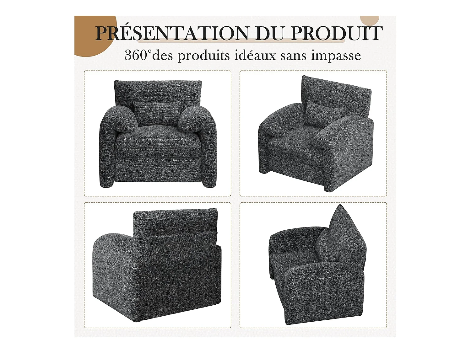 YODOLLA Fauteuil Grand Format Confortable - Fauteuil Salon en Chenille - Noir - 92 x 75 x 72 cm