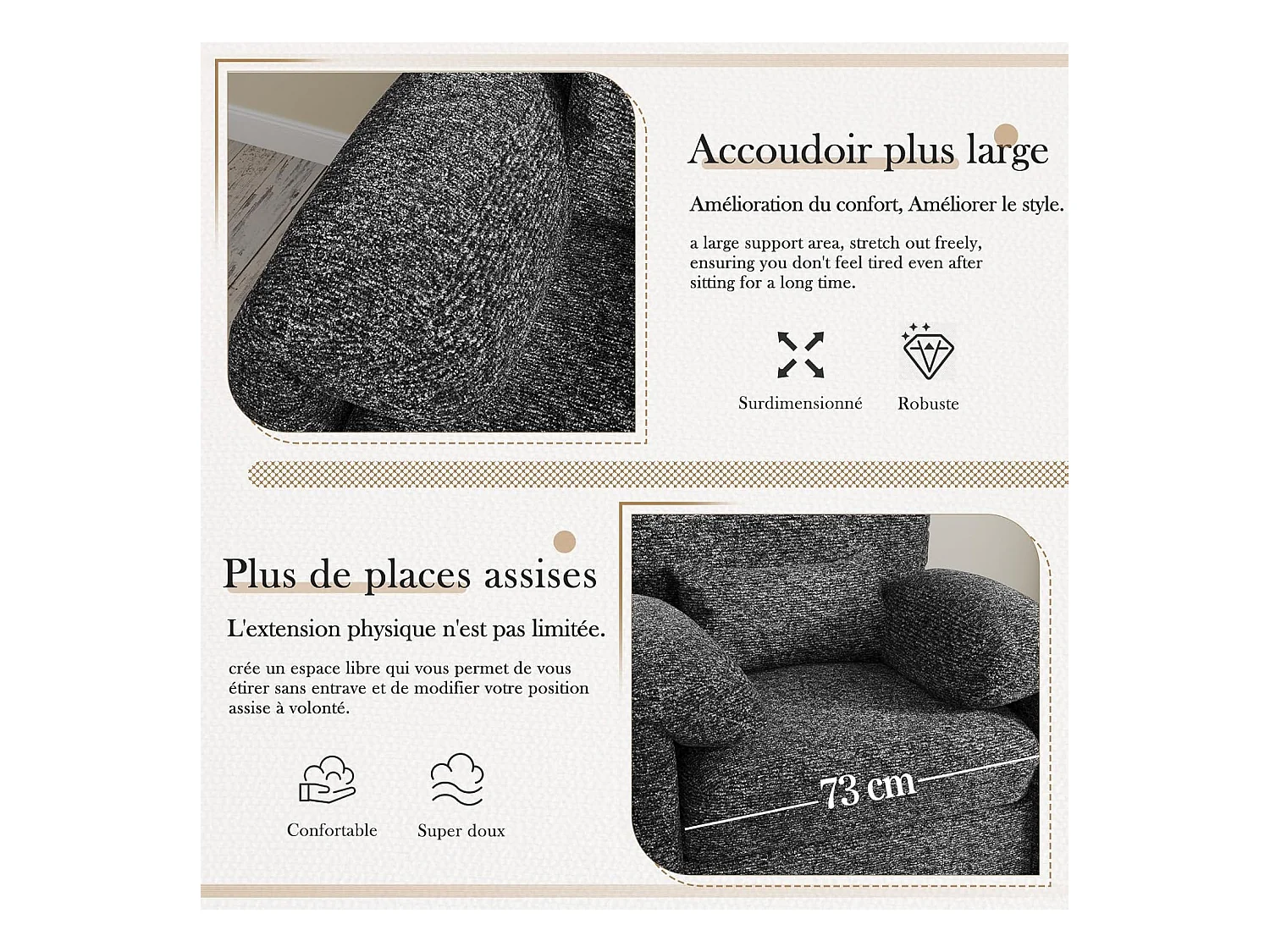 YODOLLA Fauteuil Grand Format Confortable - Fauteuil Salon en Chenille - Noir - 92 x 75 x 72 cm