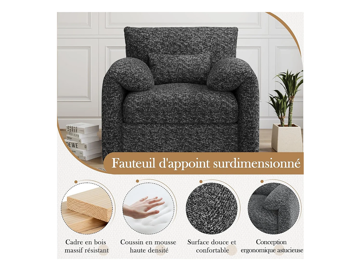 YODOLLA Fauteuil Grand Format Confortable - Fauteuil Salon en Chenille - Noir - 92 x 75 x 72 cm