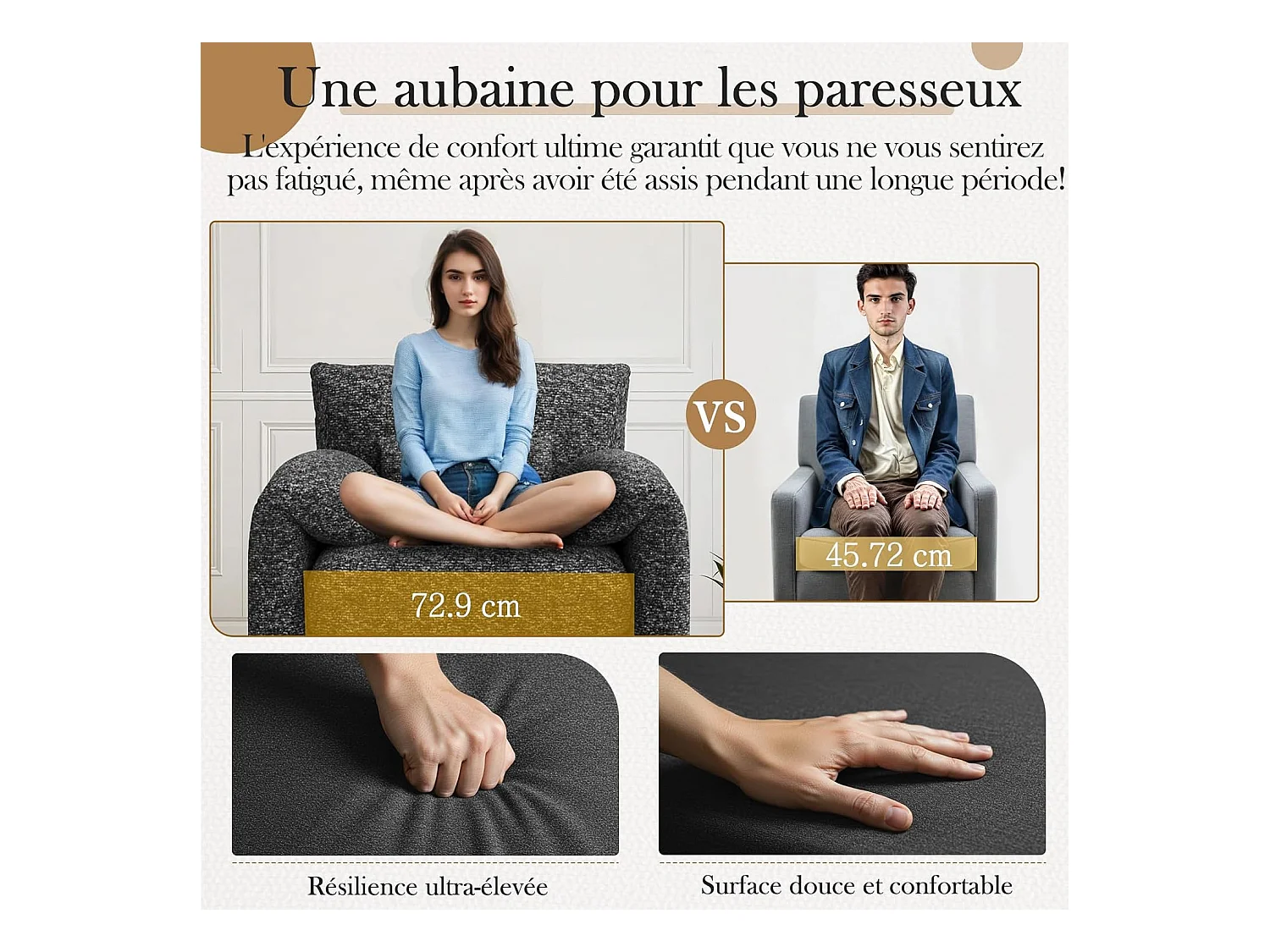 YODOLLA Fauteuil Grand Format Confortable - Fauteuil Salon en Chenille - Noir - 92 x 75 x 72 cm