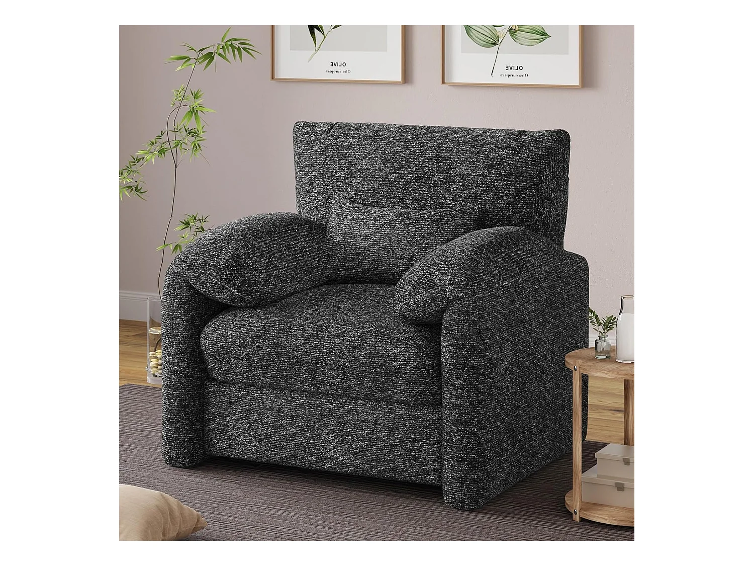 YODOLLA Fauteuil Grand Format Confortable - Fauteuil Salon en Chenille - Noir - 92 x 75 x 72 cm