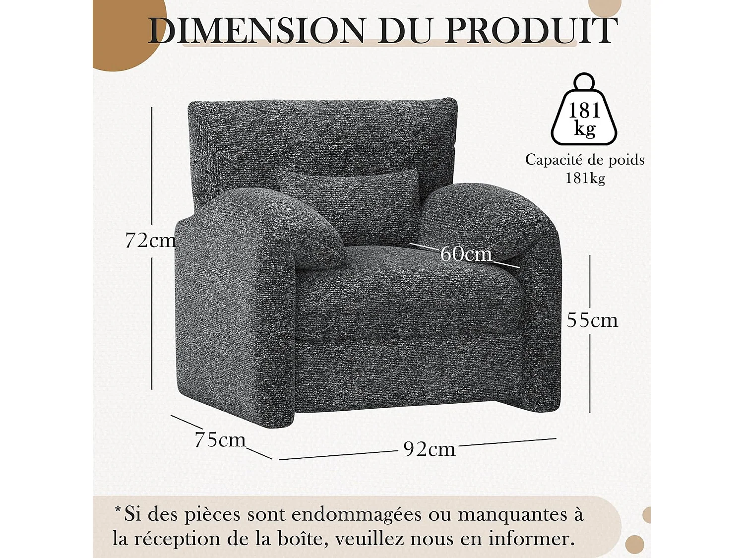 YODOLLA Fauteuil Grand Format Confortable - Fauteuil Salon en Chenille - Noir - 92 x 75 x 72 cm