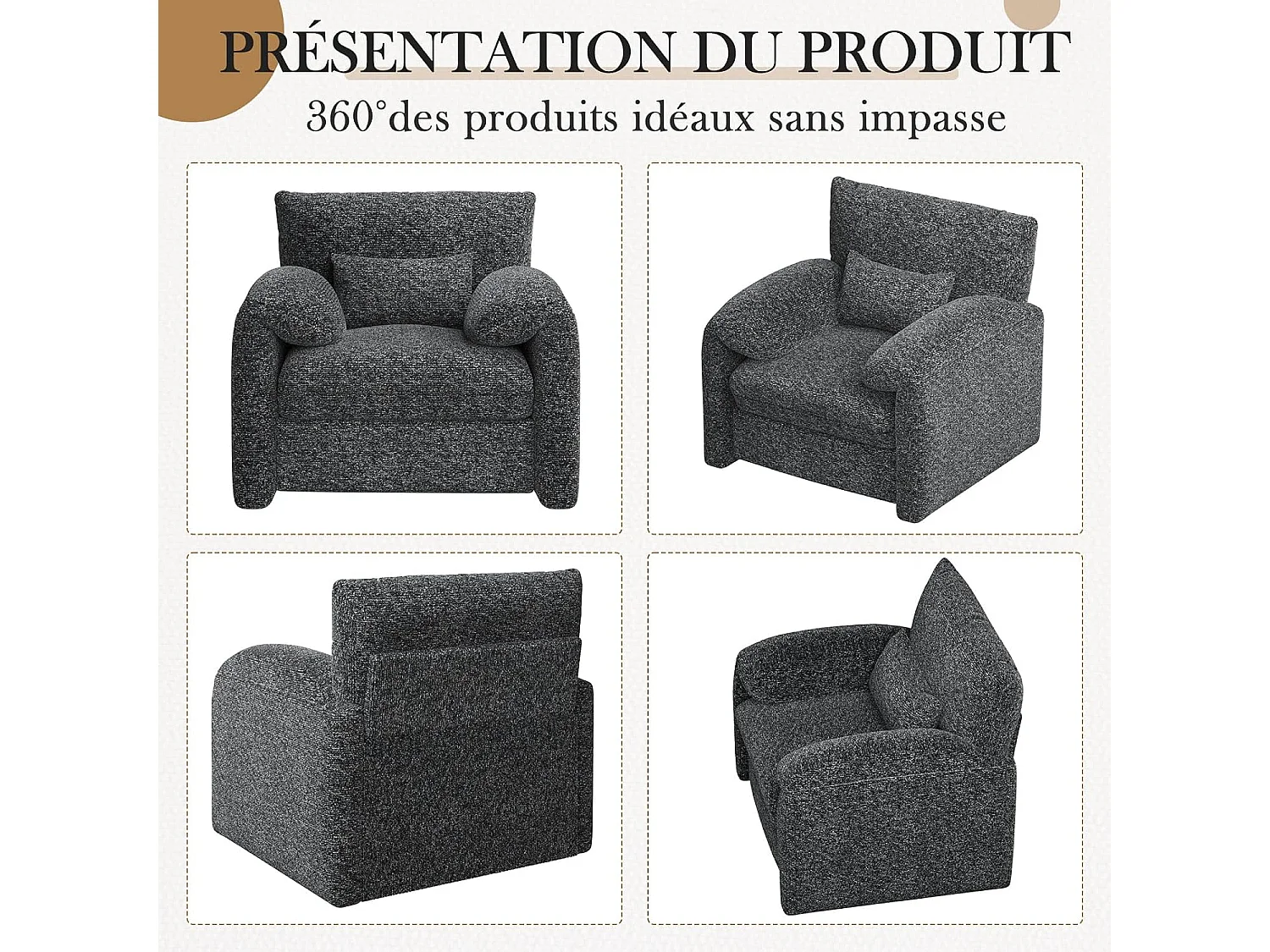 YODOLLA Fauteuil Grand Format Confortable - Fauteuil Salon en Chenille - Noir - 92 x 75 x 72 cm