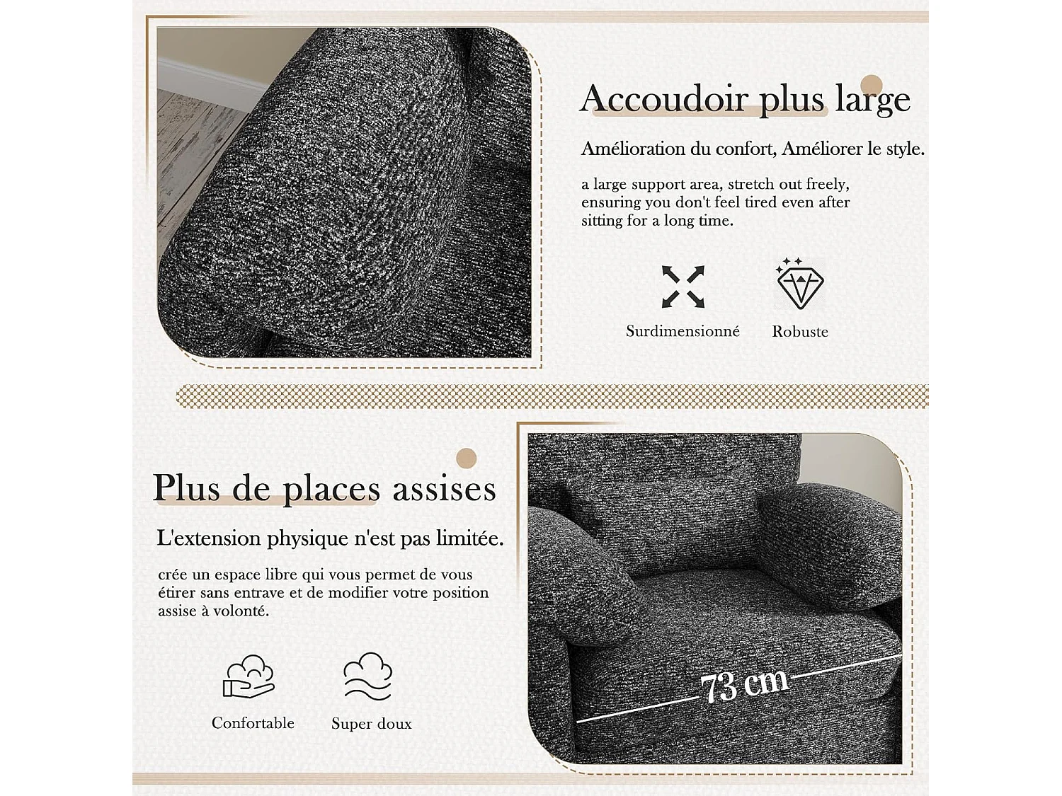 YODOLLA Fauteuil Grand Format Confortable - Fauteuil Salon en Chenille - Noir - 92 x 75 x 72 cm