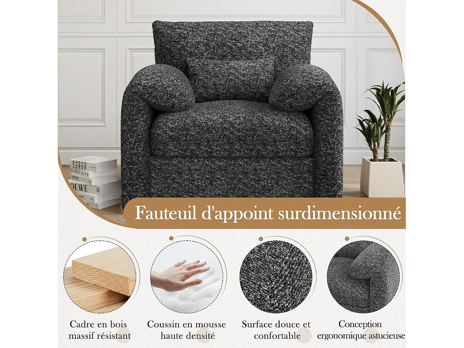 YODOLLA Fauteuil Grand Format Confortable - Fauteuil Salon en Chenille - Noir - 92 x 75 x 72 cm