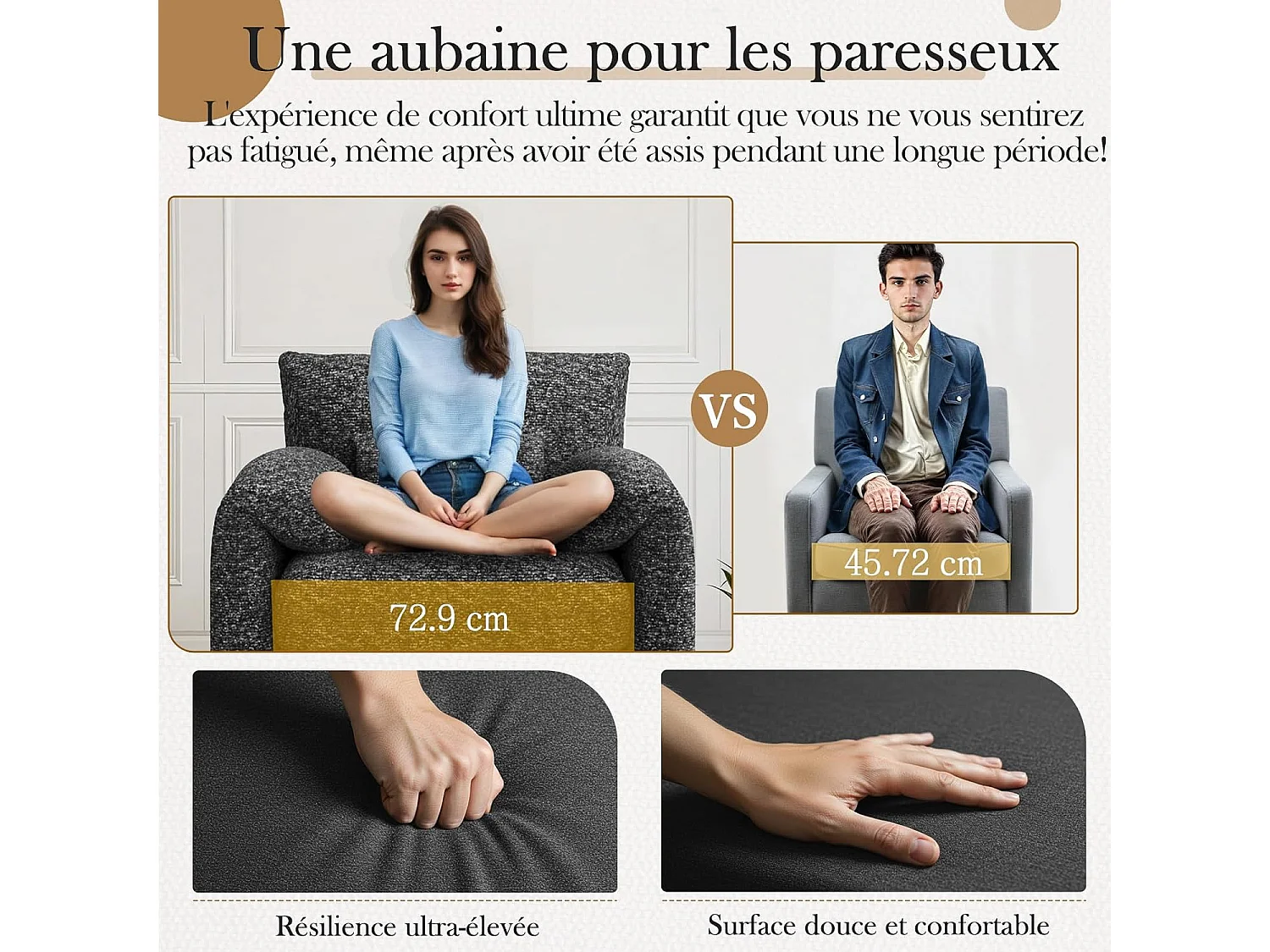 YODOLLA Fauteuil Grand Format Confortable - Fauteuil Salon en Chenille - Noir - 92 x 75 x 72 cm