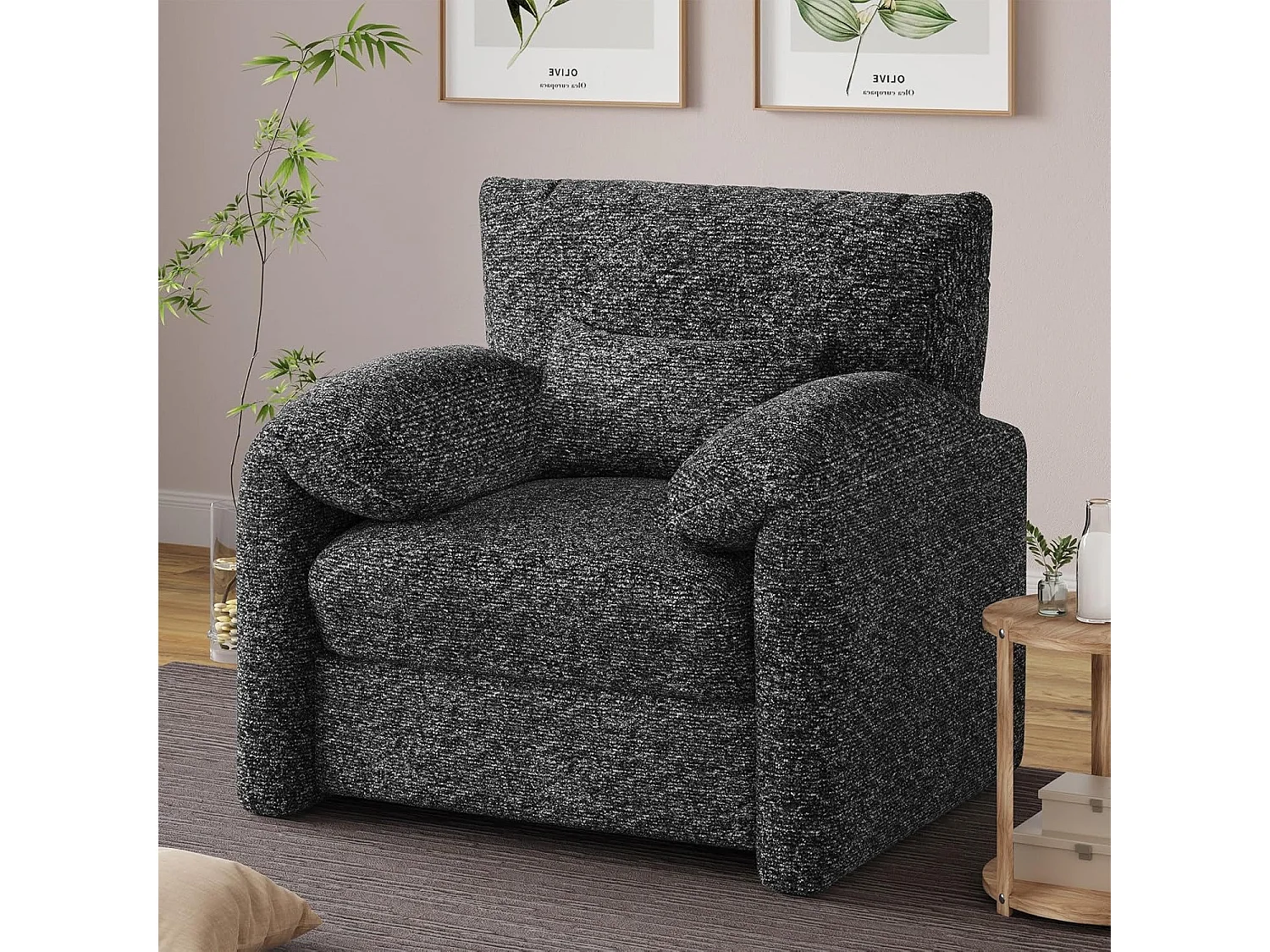YODOLLA Fauteuil Grand Format Confortable - Fauteuil Salon en Chenille - Noir - 92 x 75 x 72 cm