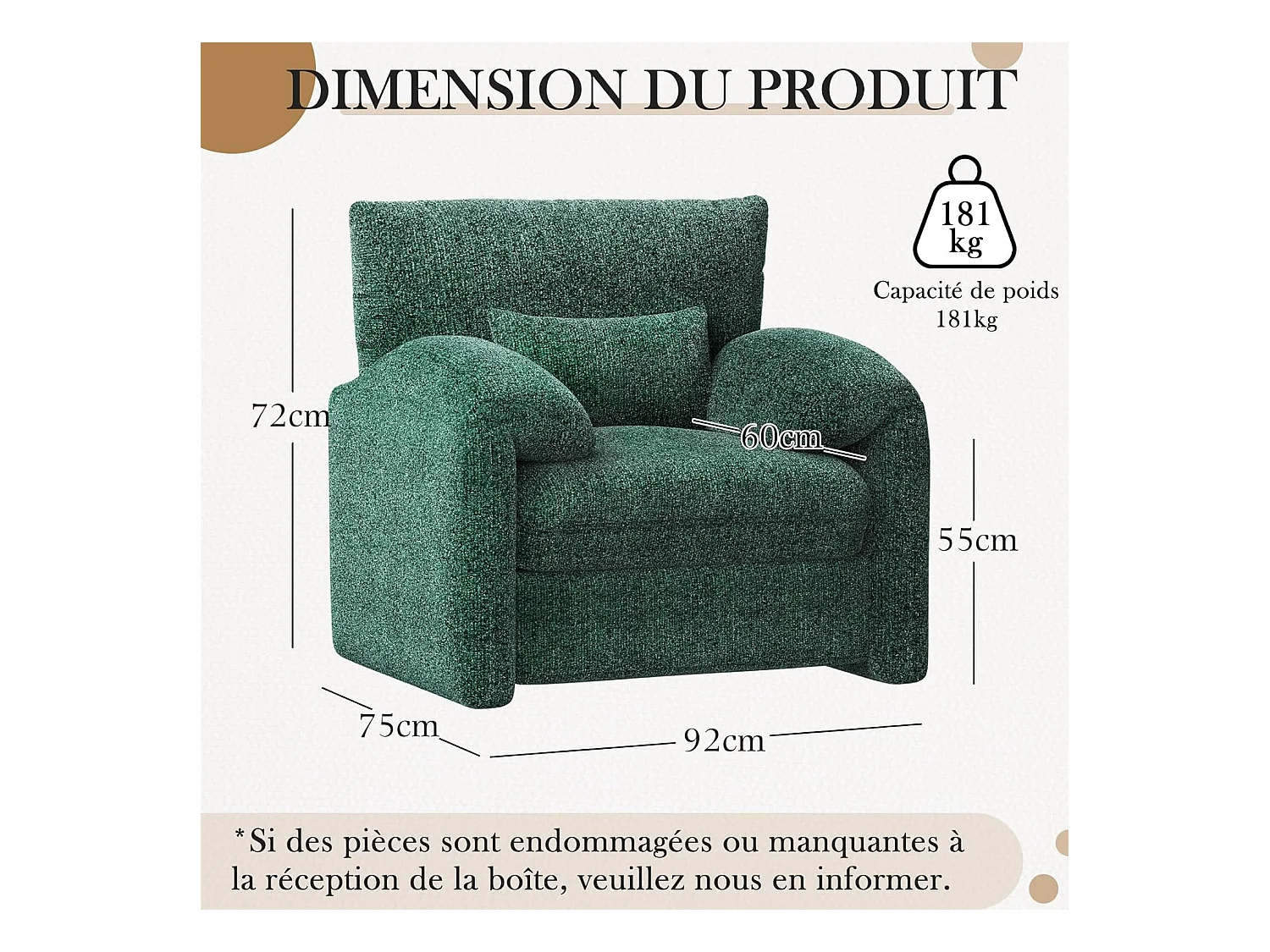 YODOLLA Fauteuil Grand Format Confortable - Fauteuil Salon en Chenille - Vert - 92 x 75 x 72 cm