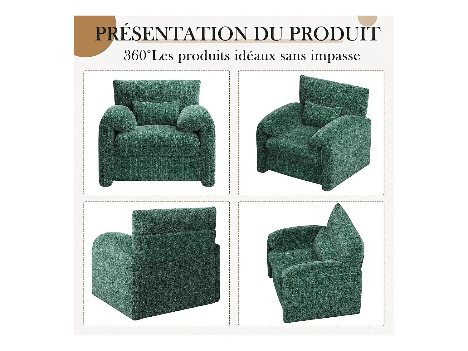 YODOLLA Fauteuil Grand Format Confortable - Fauteuil Salon en Chenille - Vert - 92 x 75 x 72 cm