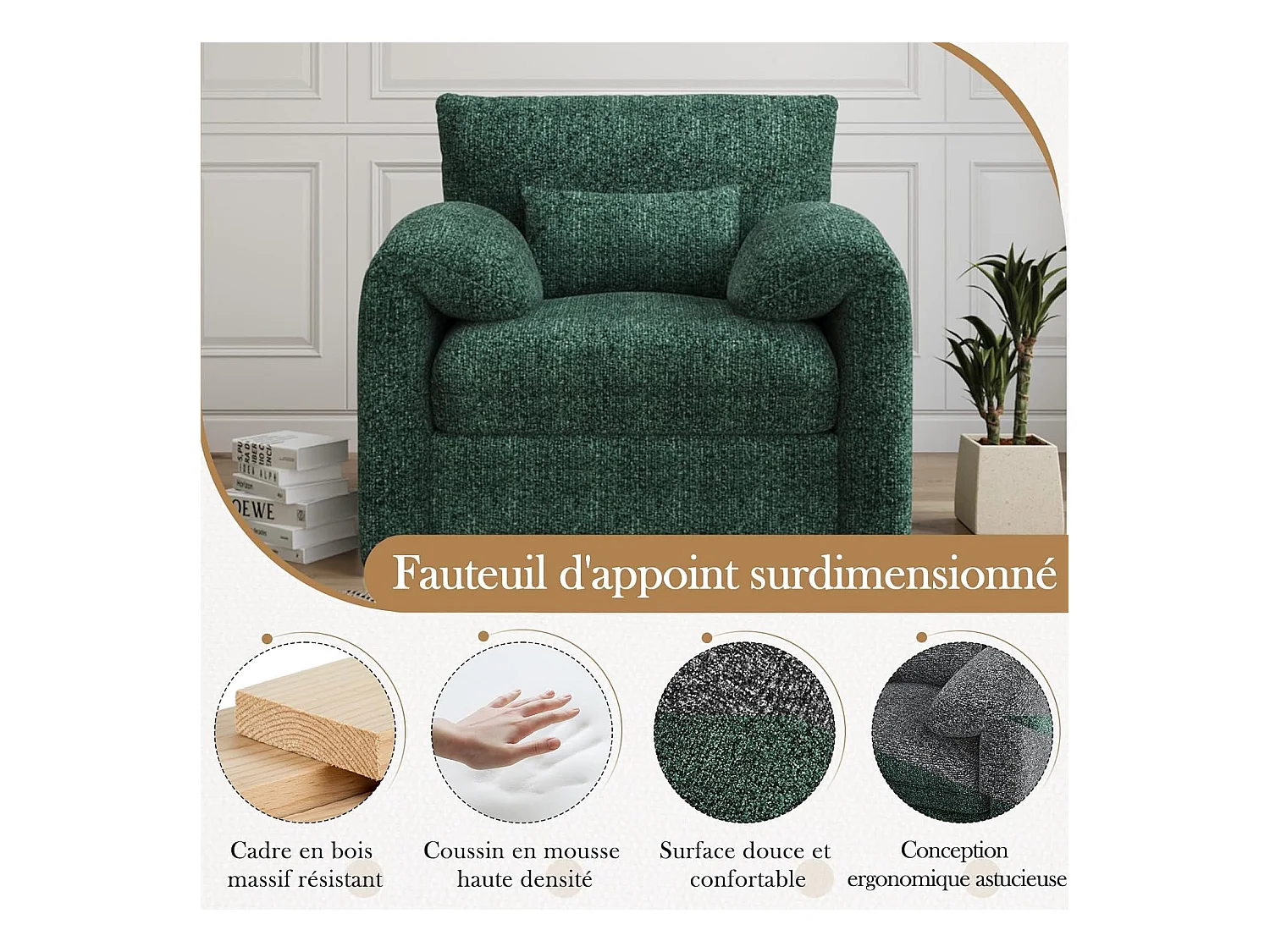 YODOLLA Fauteuil Grand Format Confortable - Fauteuil Salon en Chenille - Vert - 92 x 75 x 72 cm