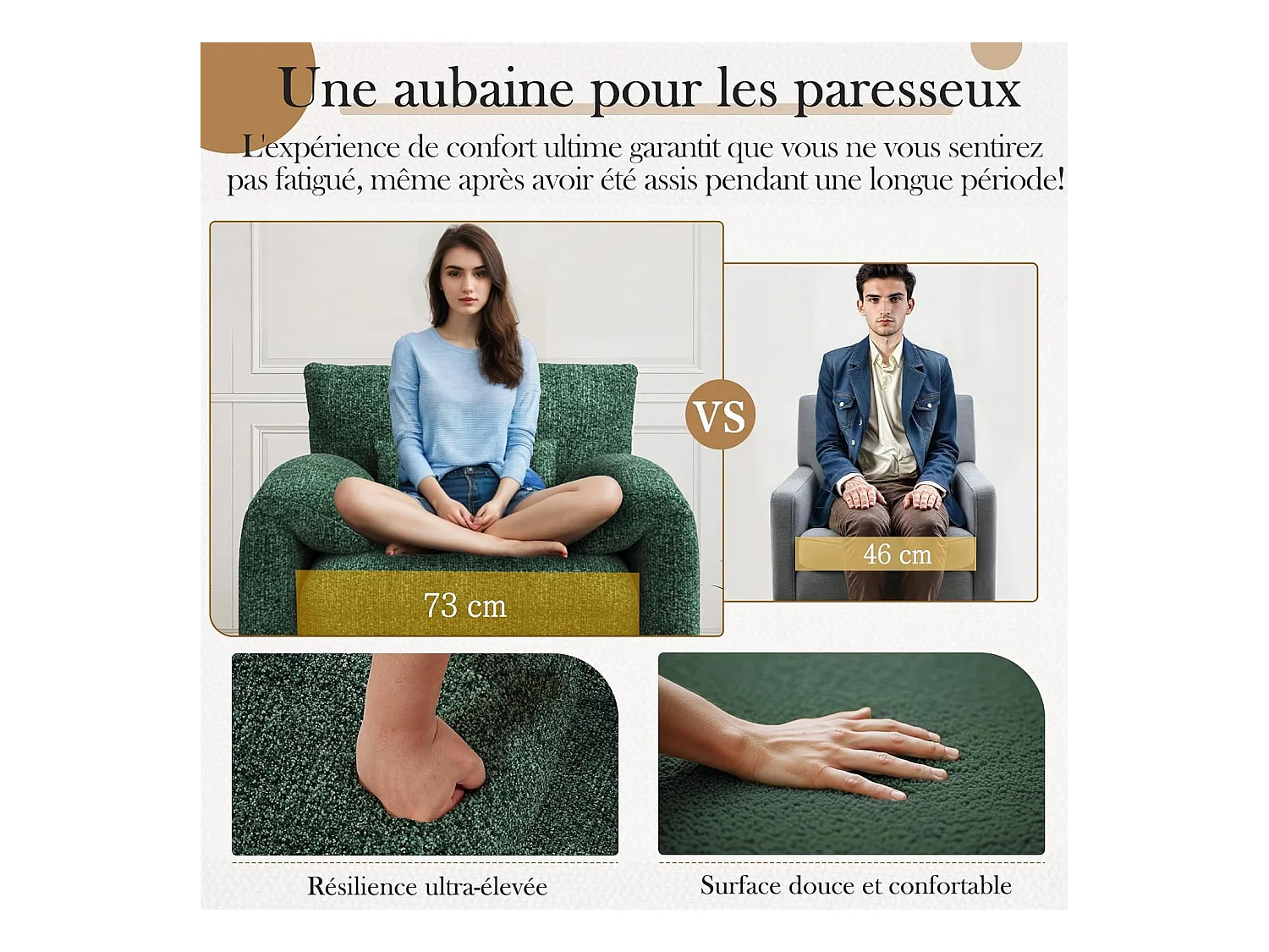 YODOLLA Fauteuil Grand Format Confortable - Fauteuil Salon en Chenille - Vert - 92 x 75 x 72 cm