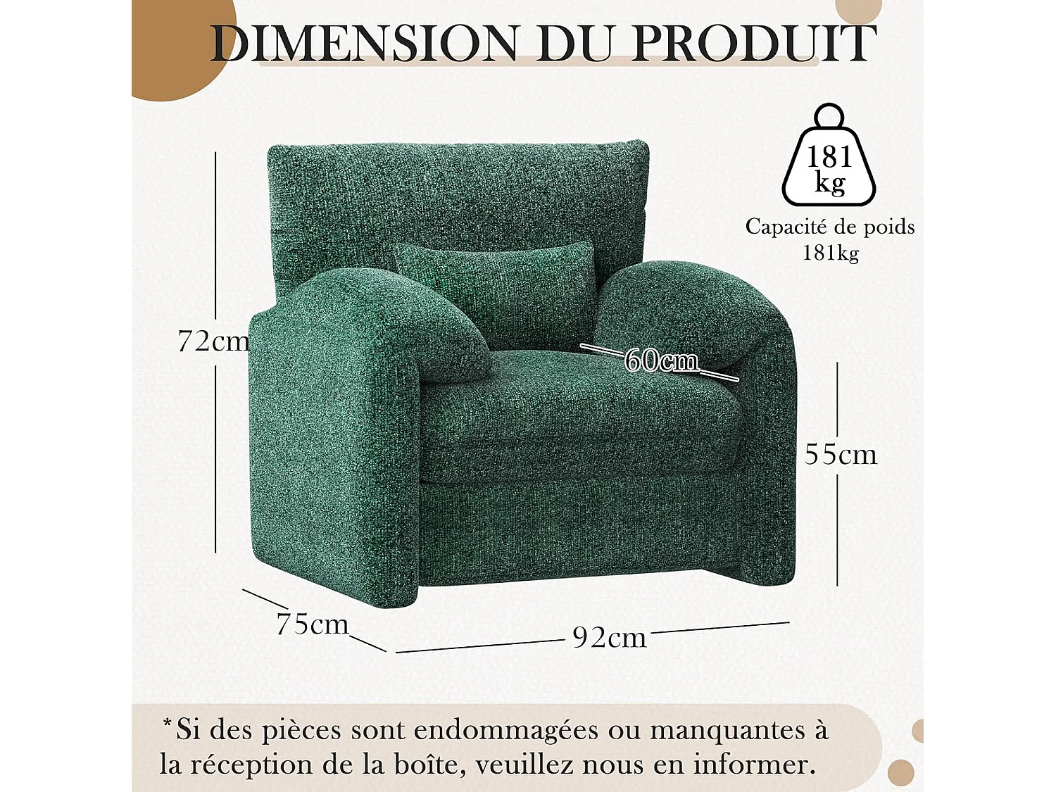 YODOLLA Fauteuil Grand Format Confortable - Fauteuil Salon en Chenille - Vert - 92 x 75 x 72 cm