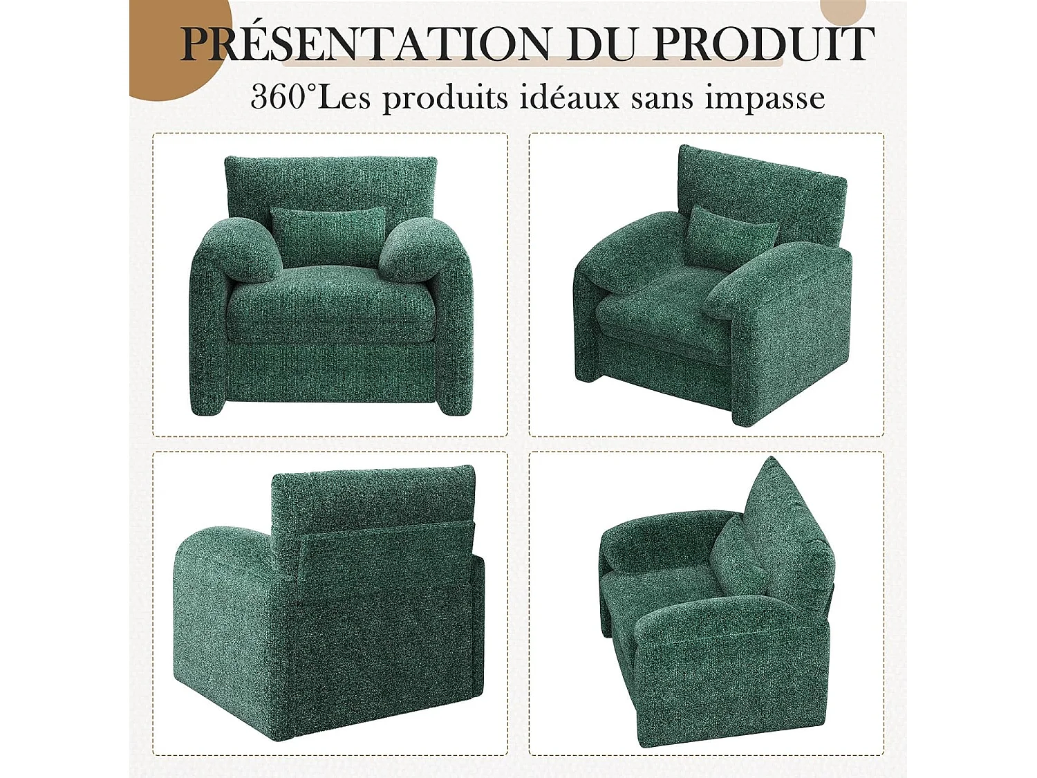 YODOLLA Fauteuil Grand Format Confortable - Fauteuil Salon en Chenille - Vert - 92 x 75 x 72 cm