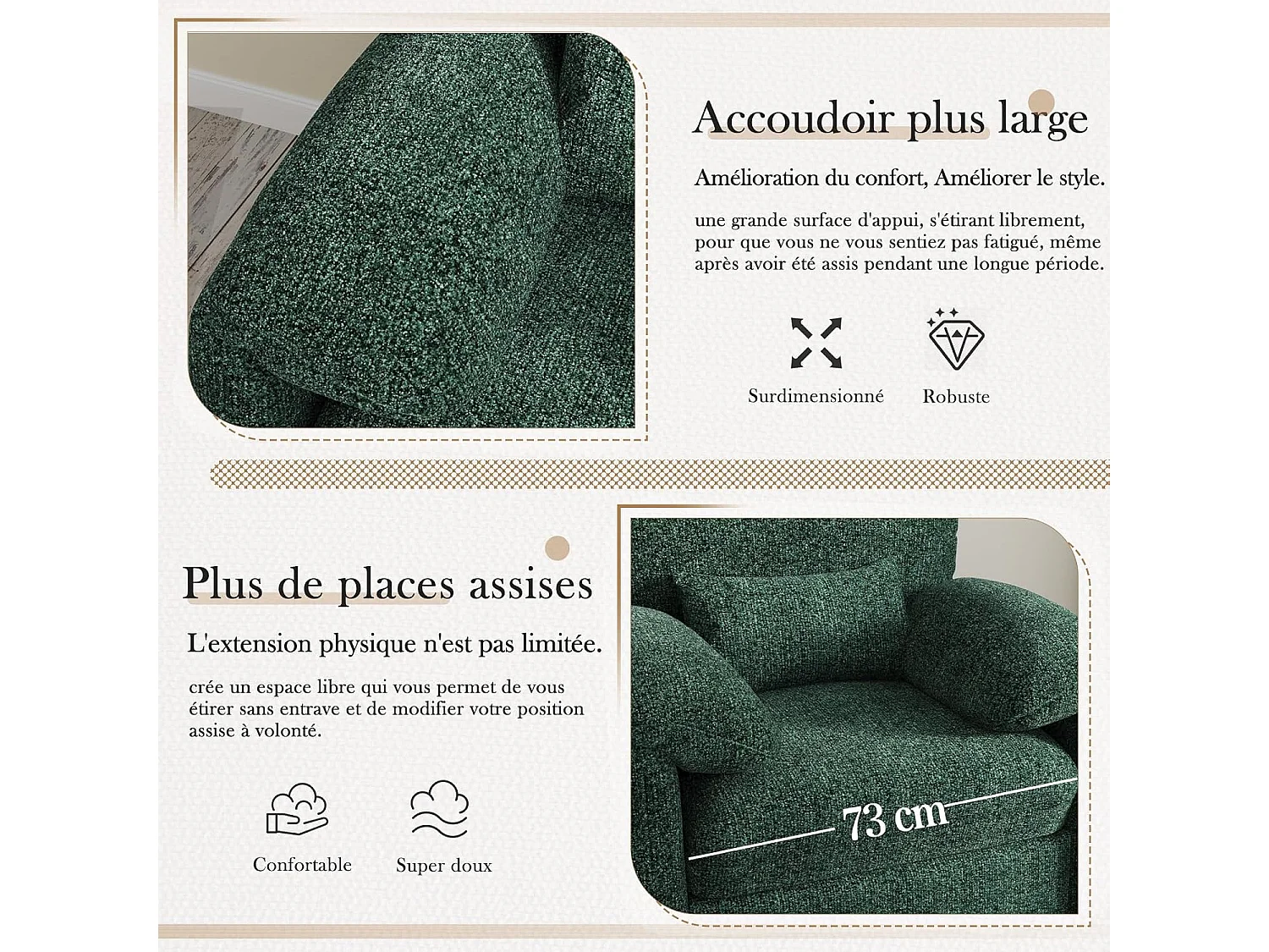 YODOLLA Fauteuil Grand Format Confortable - Fauteuil Salon en Chenille - Vert - 92 x 75 x 72 cm