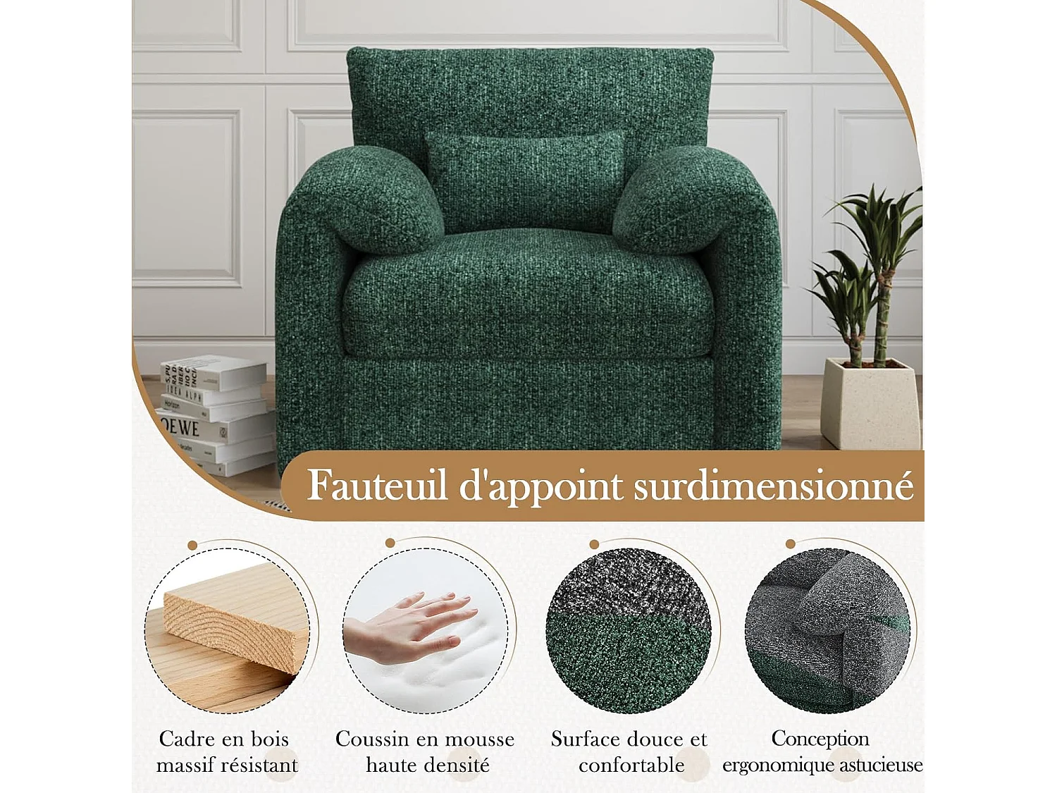 YODOLLA Fauteuil Grand Format Confortable - Fauteuil Salon en Chenille - Vert - 92 x 75 x 72 cm