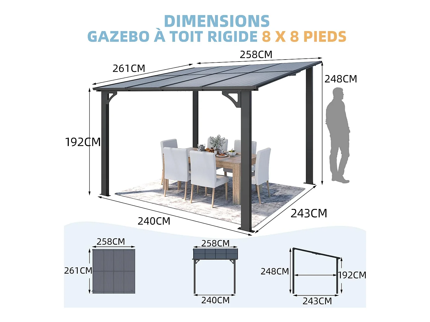 YODOLLA Pergola Murale en Aluminium et Polycarbonate - Résistante aux intempéries - 2.4 x 2.4m - Gris