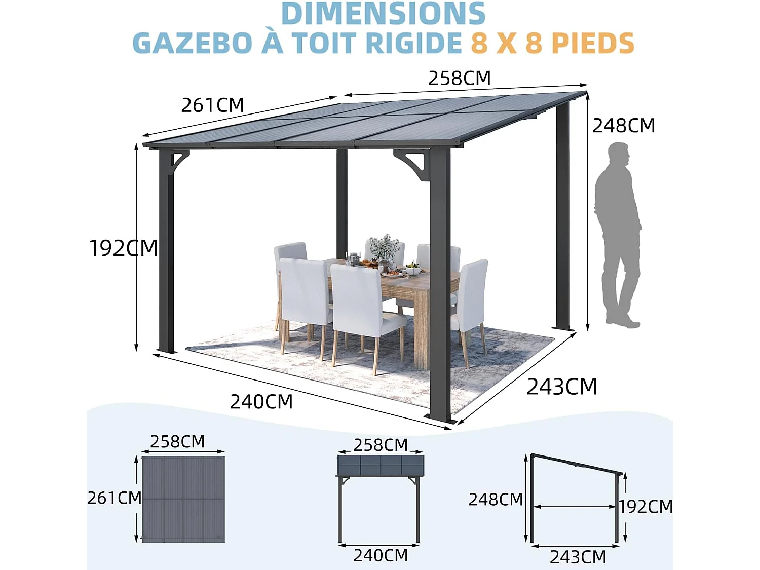YODOLLA Pergola Murale en Aluminium et Polycarbonate - Résistante aux intempéries - 2.4 x 2.4m - Gris