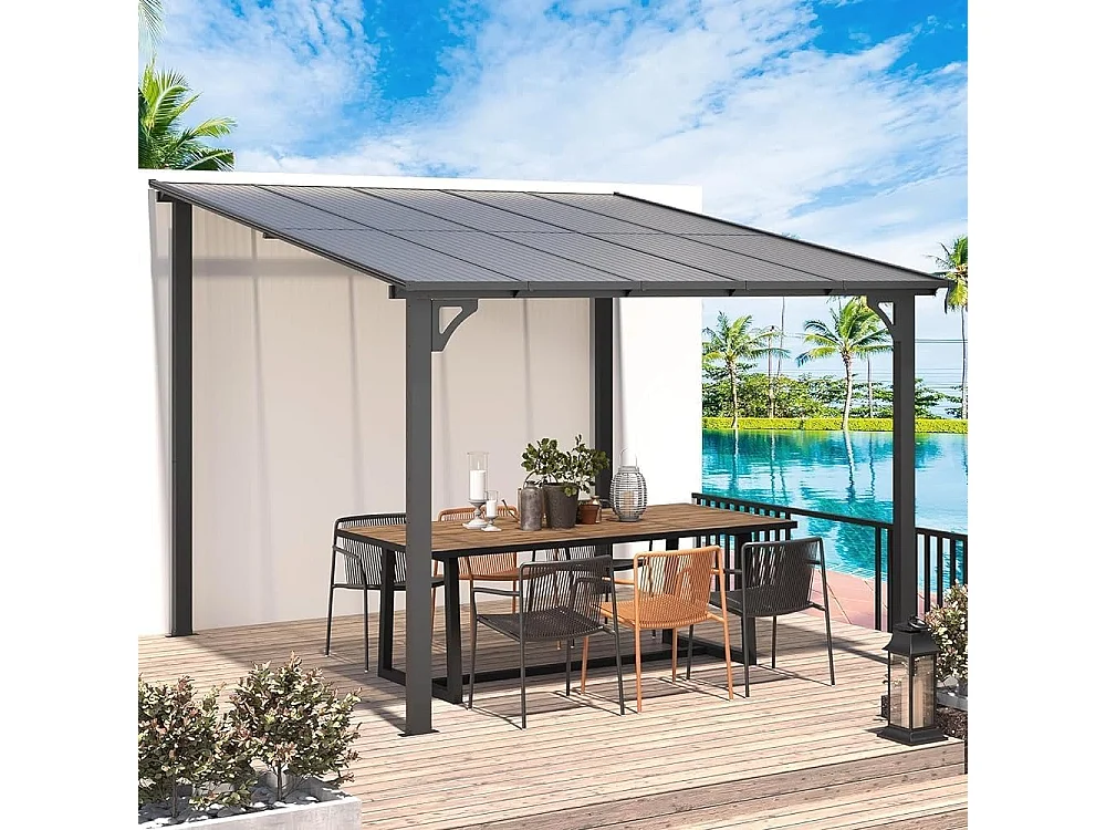 YODOLLA Pergola Murale en Aluminium et Polycarbonate - Résistante aux intempéries - 2.4 x 2.4m - Gris