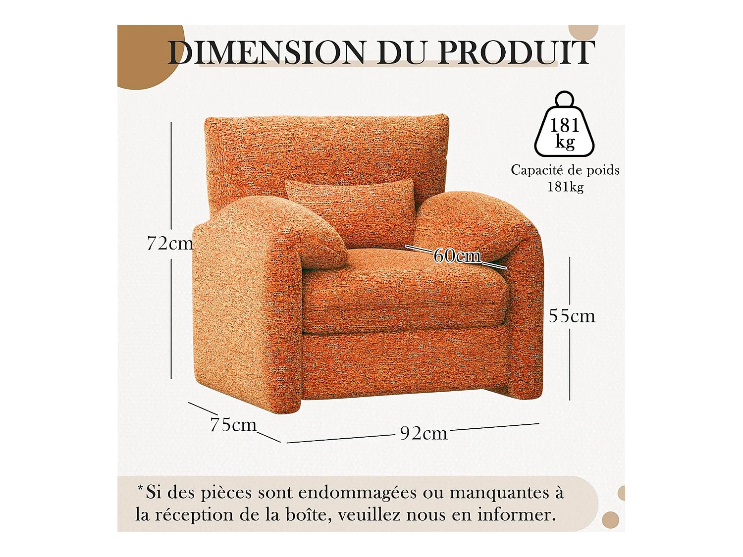 YODOLLA Fauteuil Grand Format Confortable - Fauteuil Salon en Chenille - Orange - 92 x 75 x 72cm