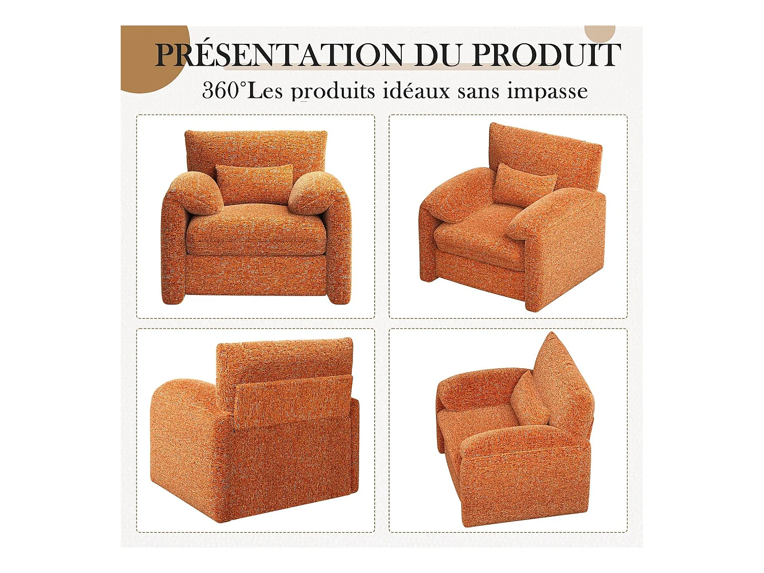 YODOLLA Fauteuil Grand Format Confortable - Fauteuil Salon en Chenille - Orange - 92 x 75 x 72cm