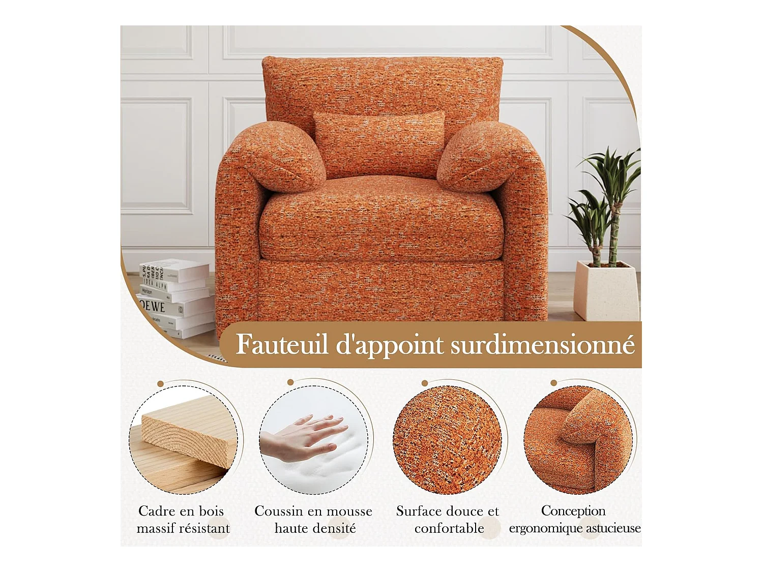 YODOLLA Fauteuil Grand Format Confortable - Fauteuil Salon en Chenille - Orange - 92 x 75 x 72cm