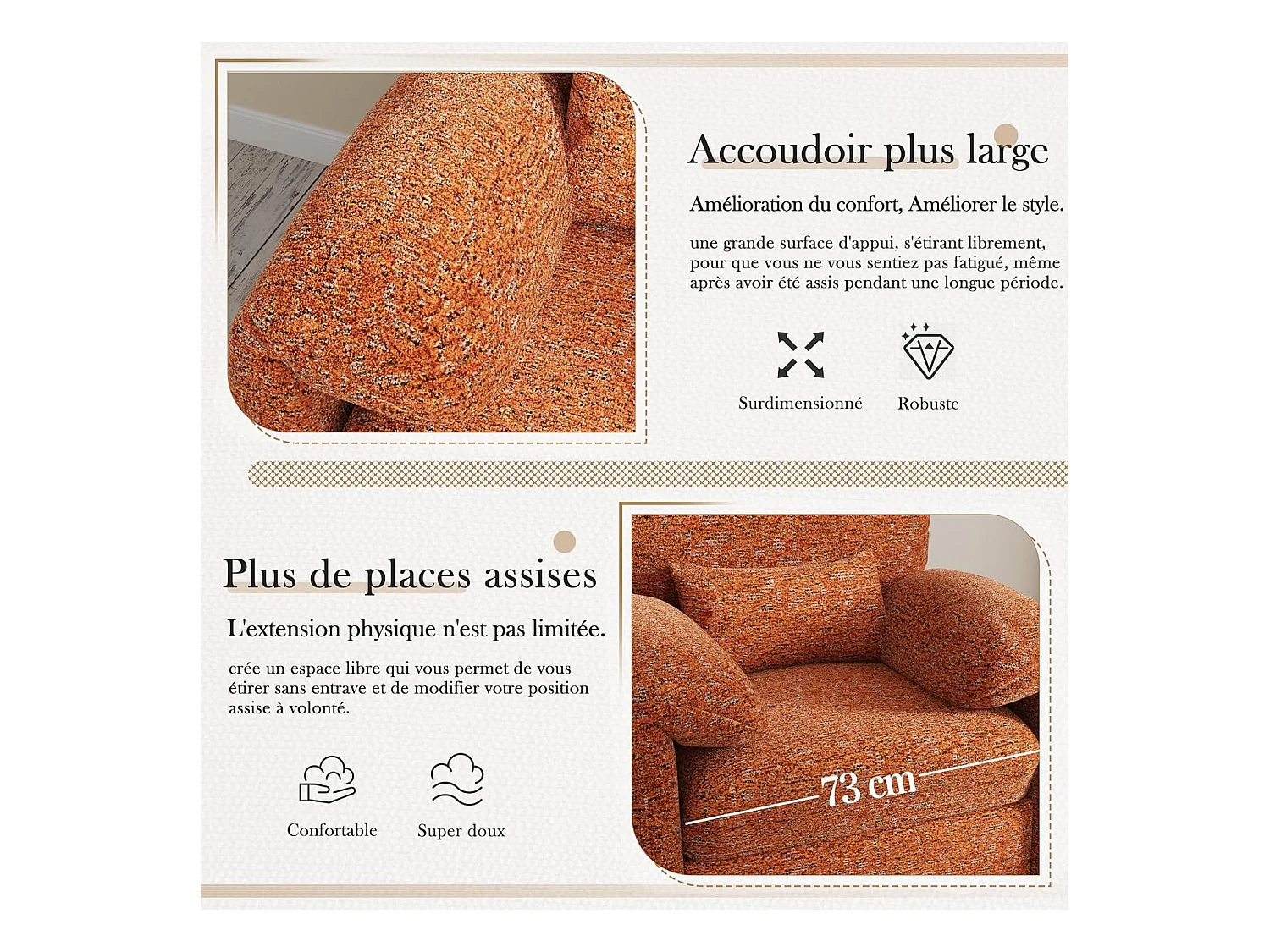 YODOLLA Fauteuil Grand Format Confortable - Fauteuil Salon en Chenille - Orange - 92 x 75 x 72cm