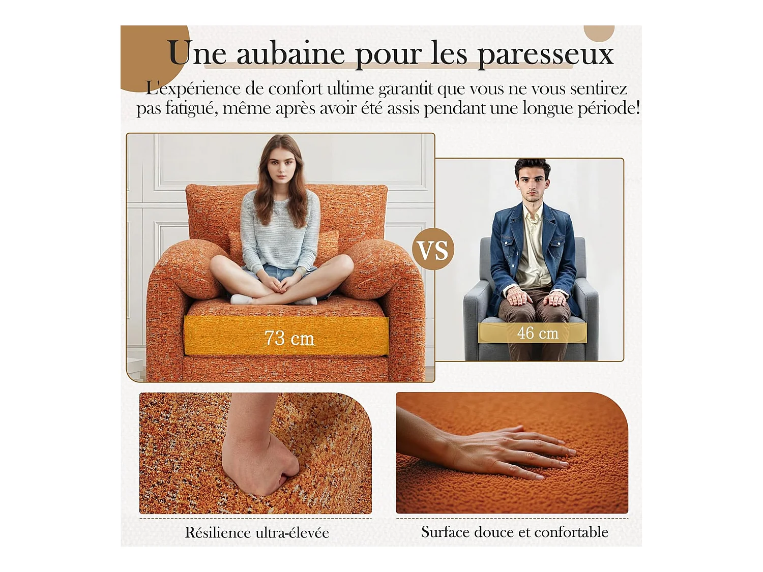 YODOLLA Fauteuil Grand Format Confortable - Fauteuil Salon en Chenille - Orange - 92 x 75 x 72cm