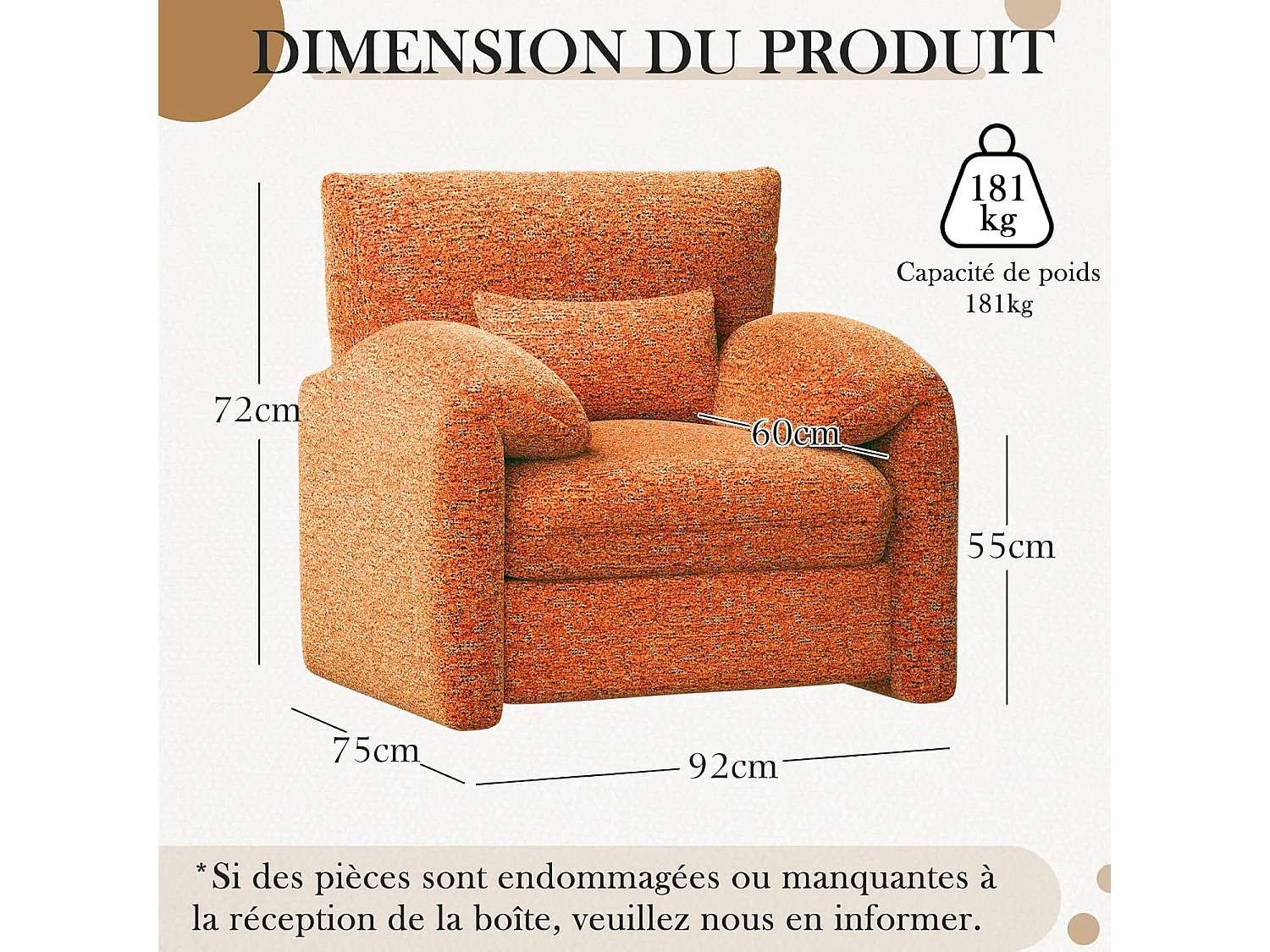 YODOLLA Fauteuil Grand Format Confortable - Fauteuil Salon en Chenille - Orange - 92 x 75 x 72cm