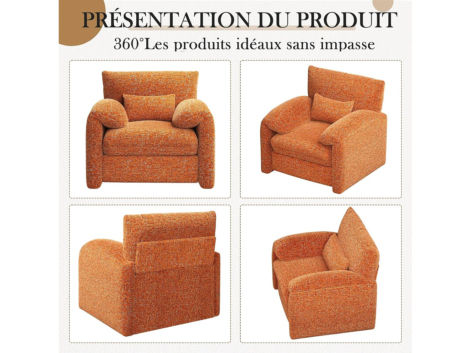 YODOLLA Fauteuil Grand Format Confortable - Fauteuil Salon en Chenille - Orange - 92 x 75 x 72cm