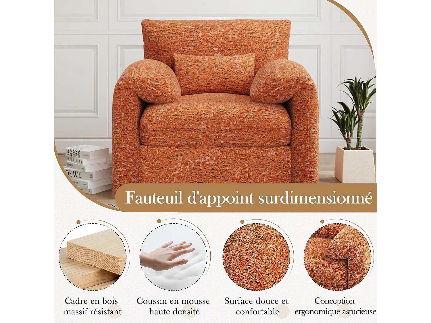 YODOLLA Fauteuil Grand Format Confortable - Fauteuil Salon en Chenille - Orange - 92 x 75 x 72cm