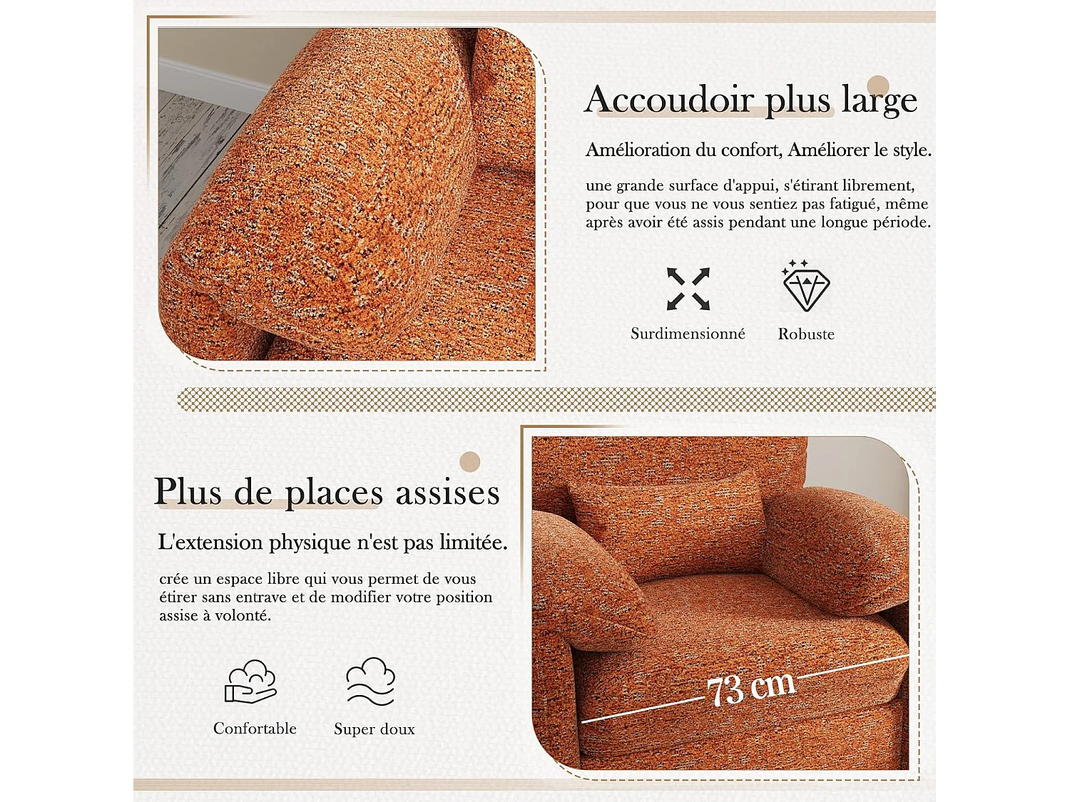 YODOLLA Fauteuil Grand Format Confortable - Fauteuil Salon en Chenille - Orange - 92 x 75 x 72cm